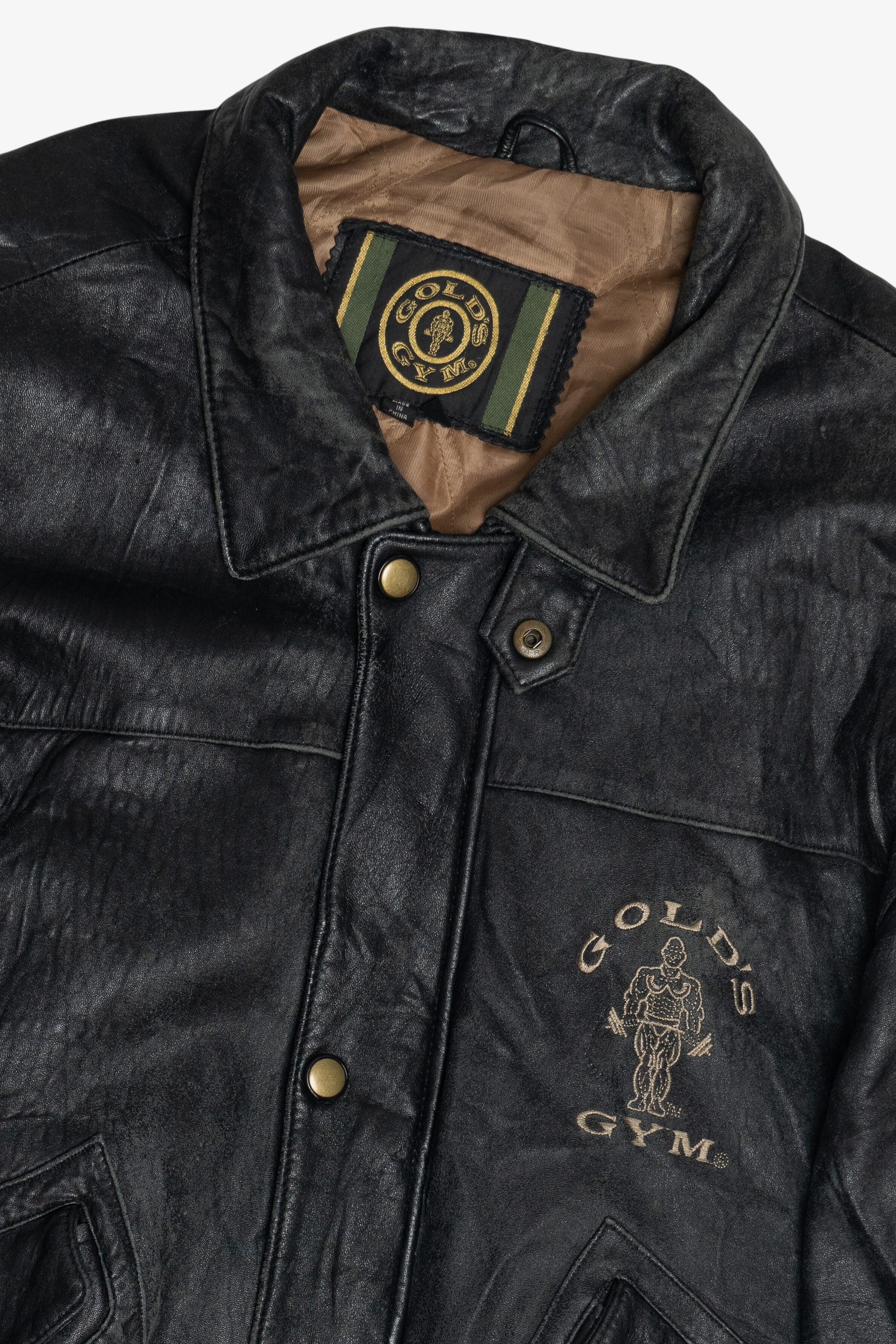 Vintage Distressed Gold's Gym Embroidered Leather Jacket With Car