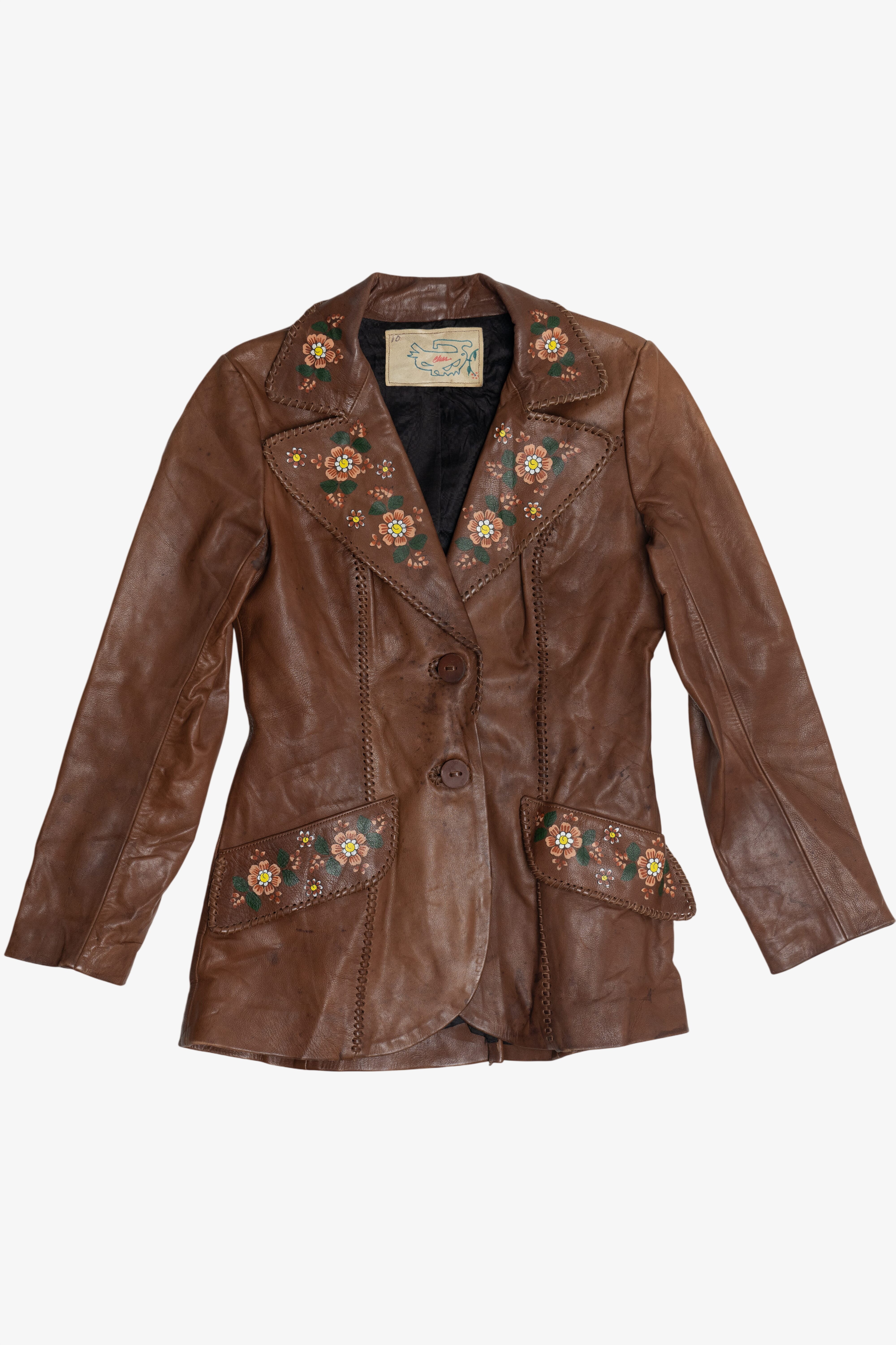 Vintage Char Hand Painted Whipstitch Leather Blazer Jacket (1970s)