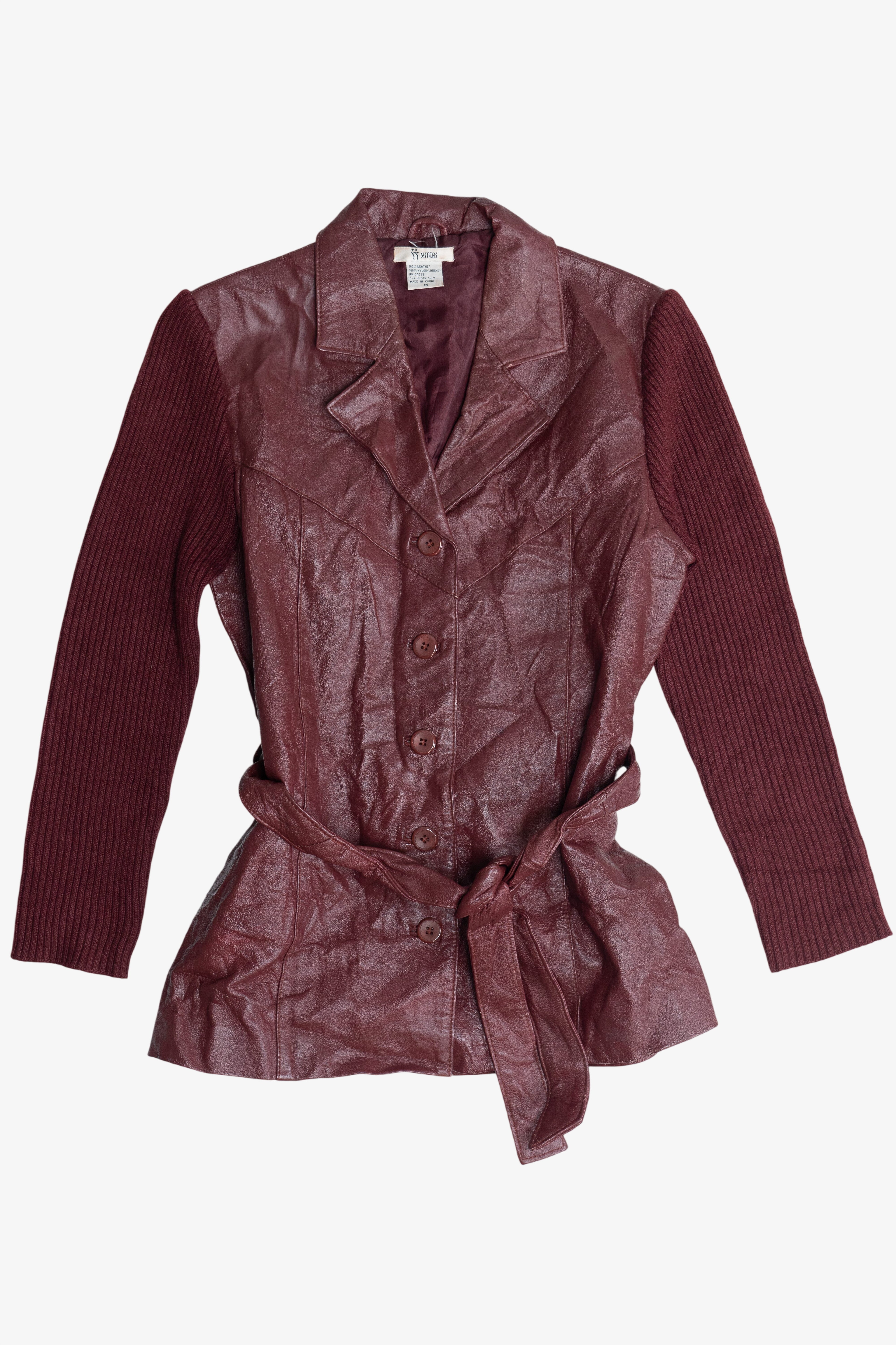 Vintage Sisters Burgundy Sweater Sleeve Leather Jacket (1990s)