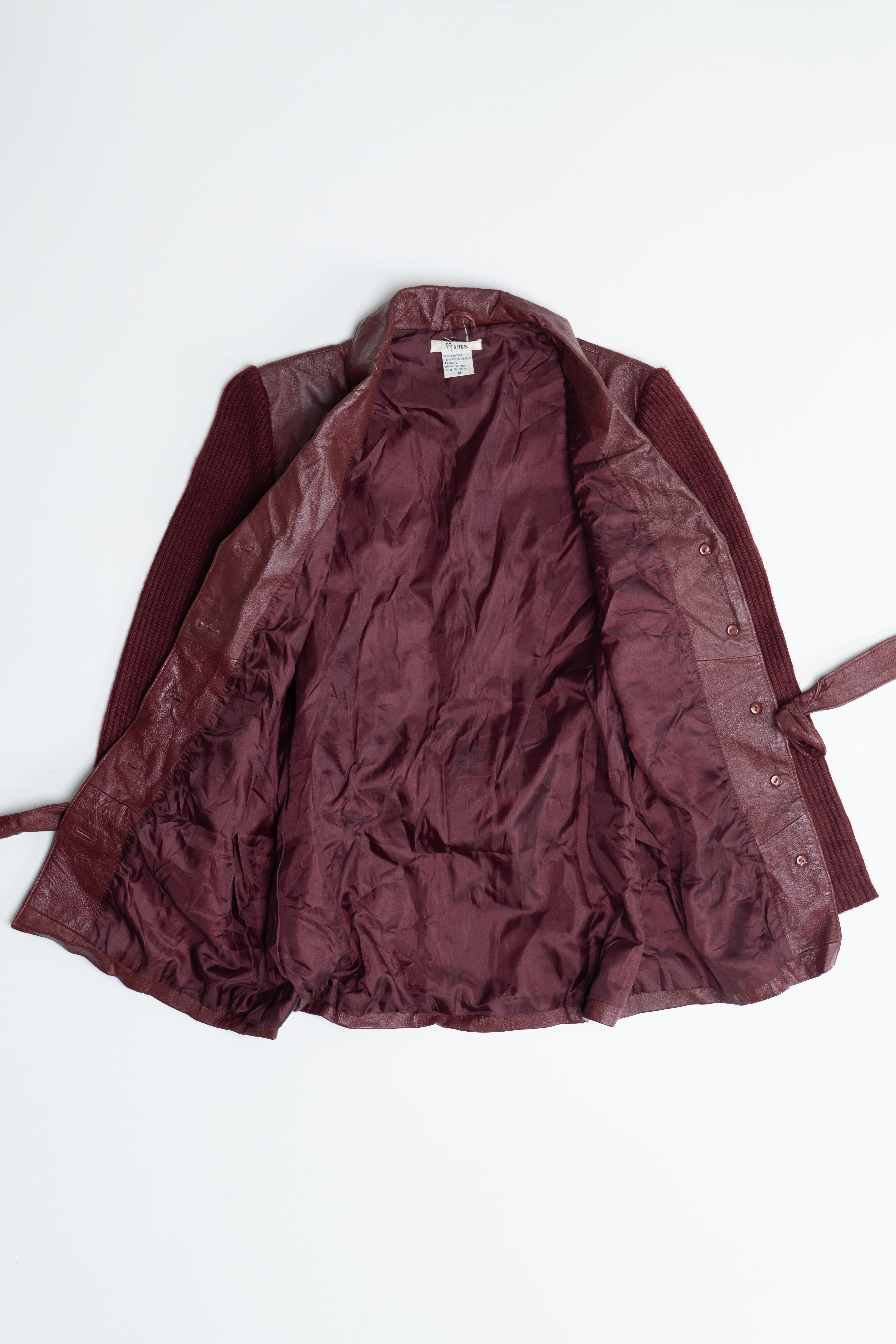 Vintage Sisters Burgundy Sweater Sleeve Leather Jacket (1990s)