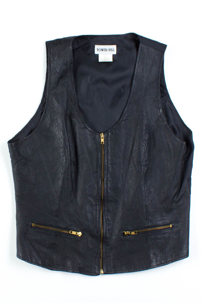 Black Leather Zip-Up Vest
