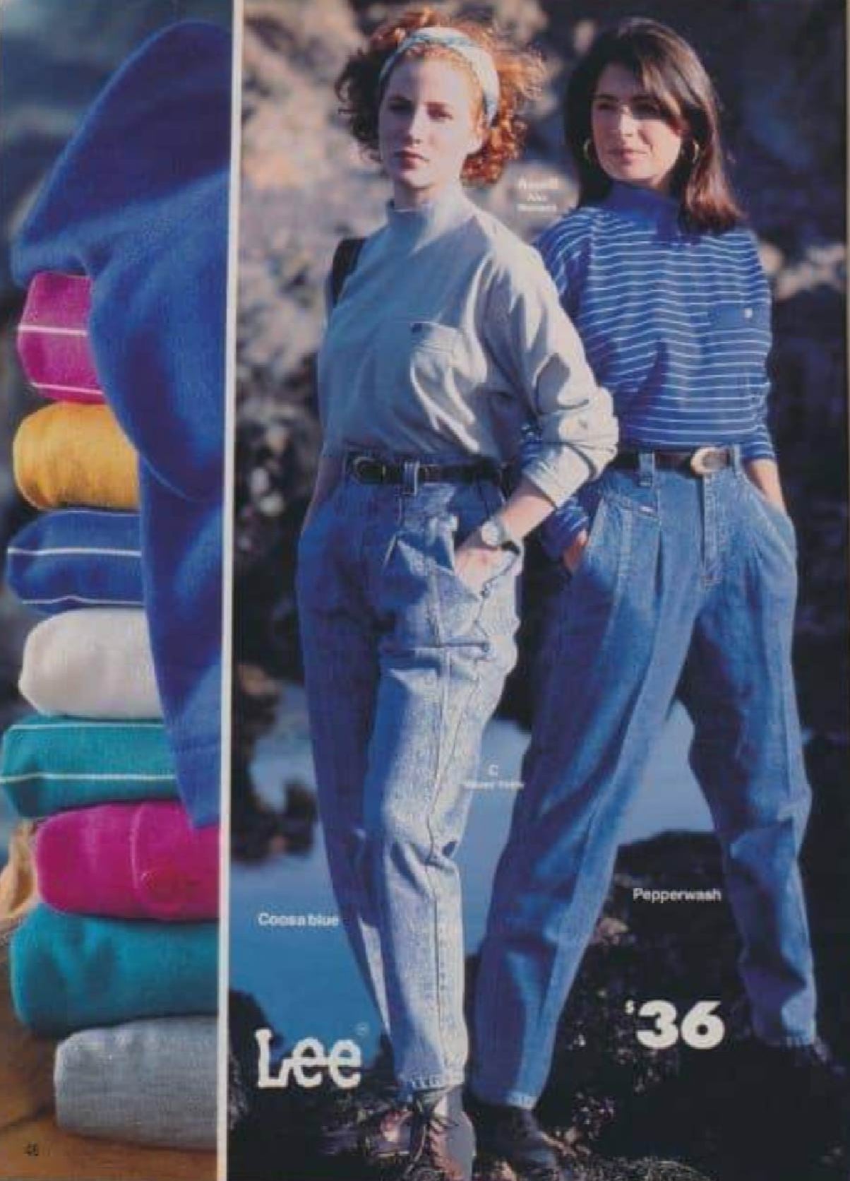 Vintage 90's catalog image of vintage high-waisted Lee "mom jeans" paired with turtleneck tops.