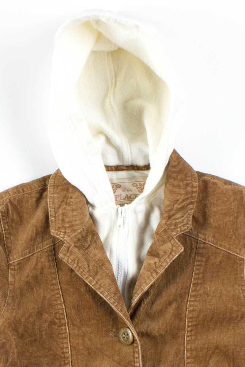 Khaki & White Corduroy Hoodie Jacket