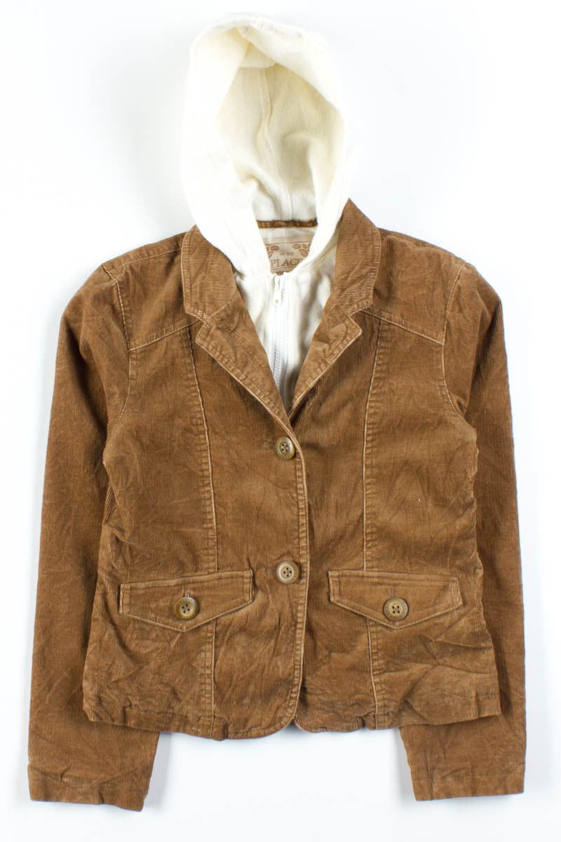 Khaki & White Corduroy Hoodie Jacket