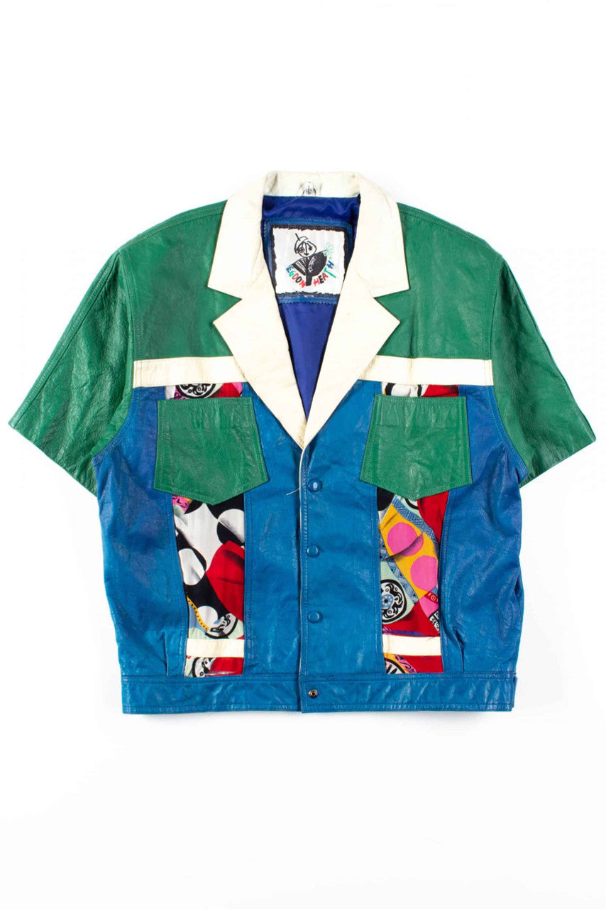 Color Block Short Sleeve Leather Shirt Jacket