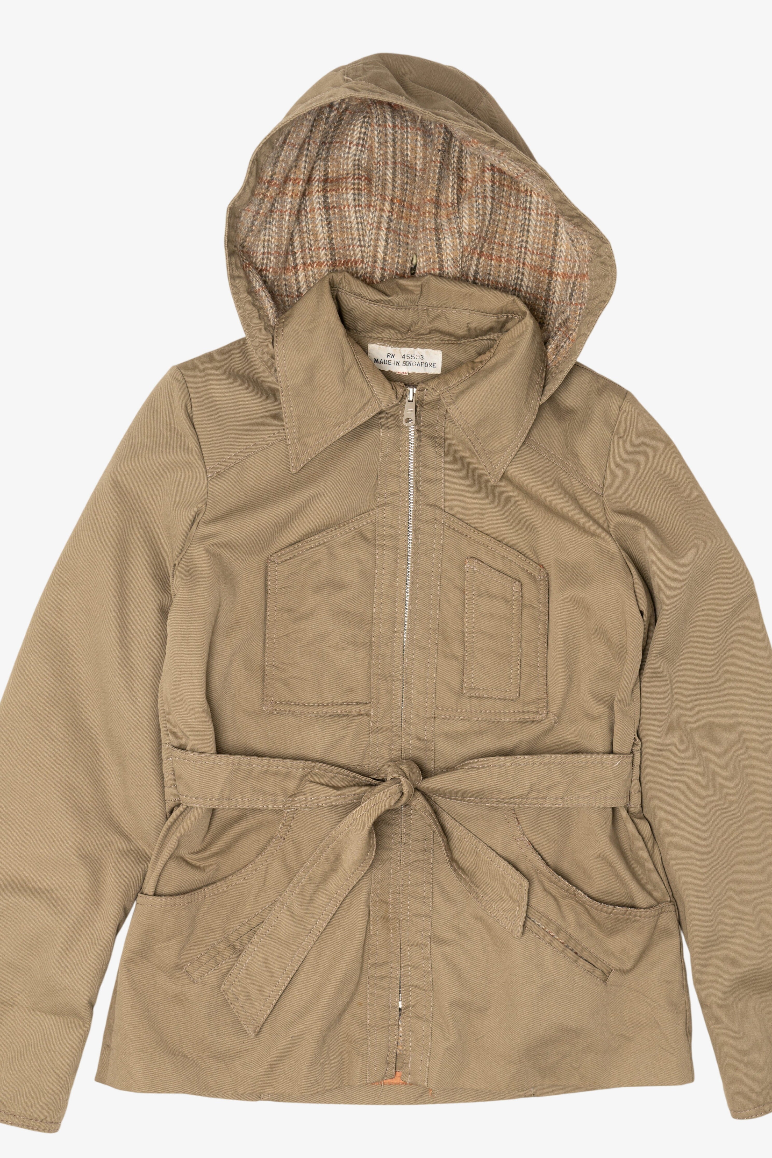Vintage Khaki Plaid Lined Hooded Lightweight Jacket (1980s)