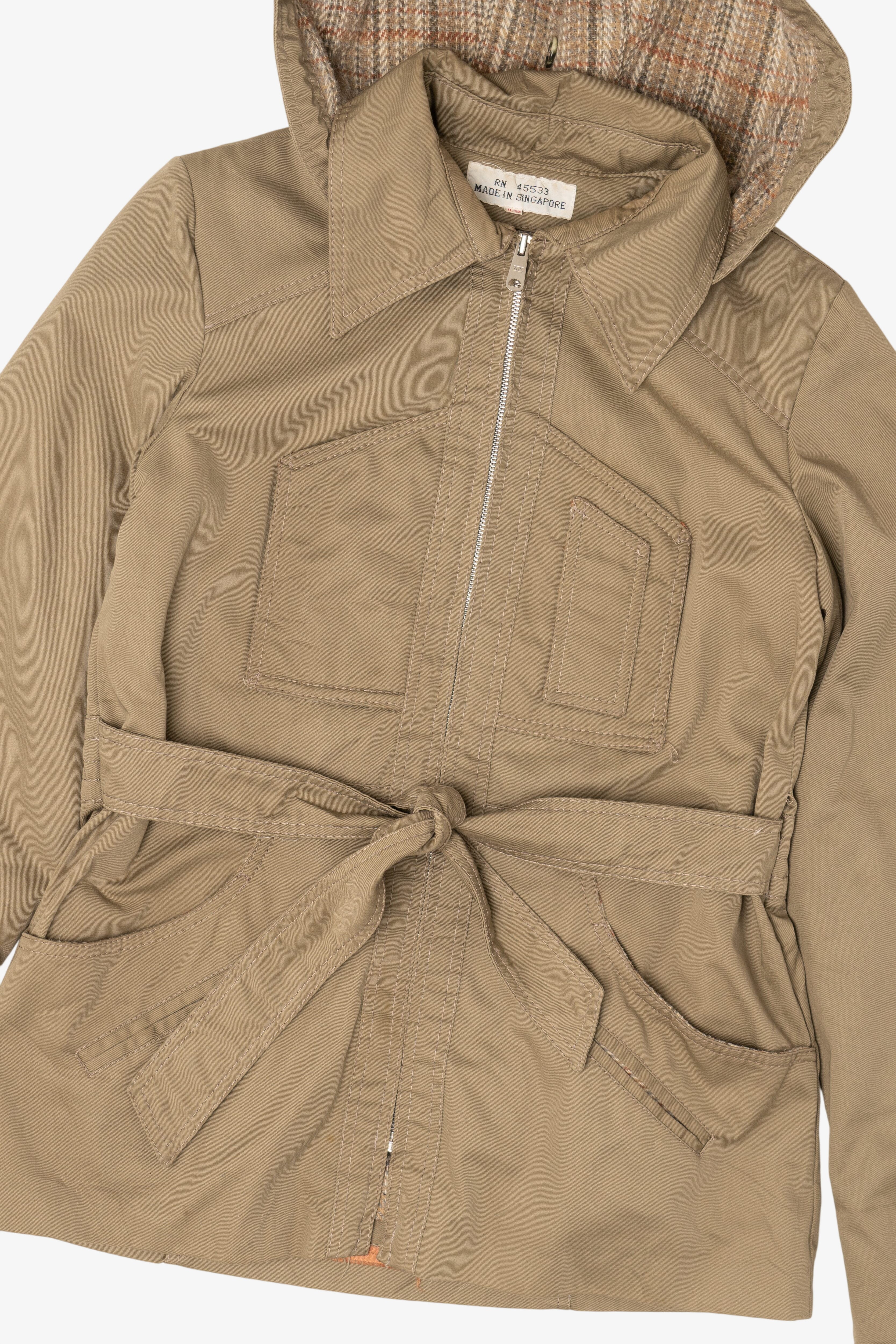 Vintage Khaki Plaid Lined Hooded Lightweight Jacket (1980s)