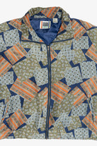 Vintage Silk Navy Blue Patchwork Print Windbreaker Jacket (1980s)