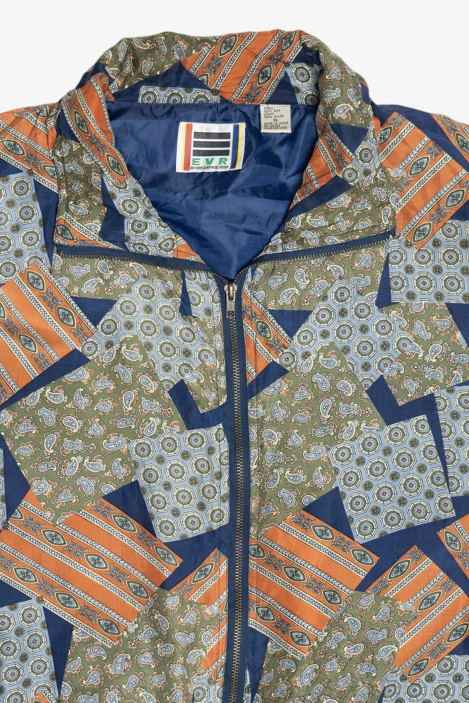 Vintage Silk Navy Blue Patchwork Print Windbreaker Jacket (1980s)