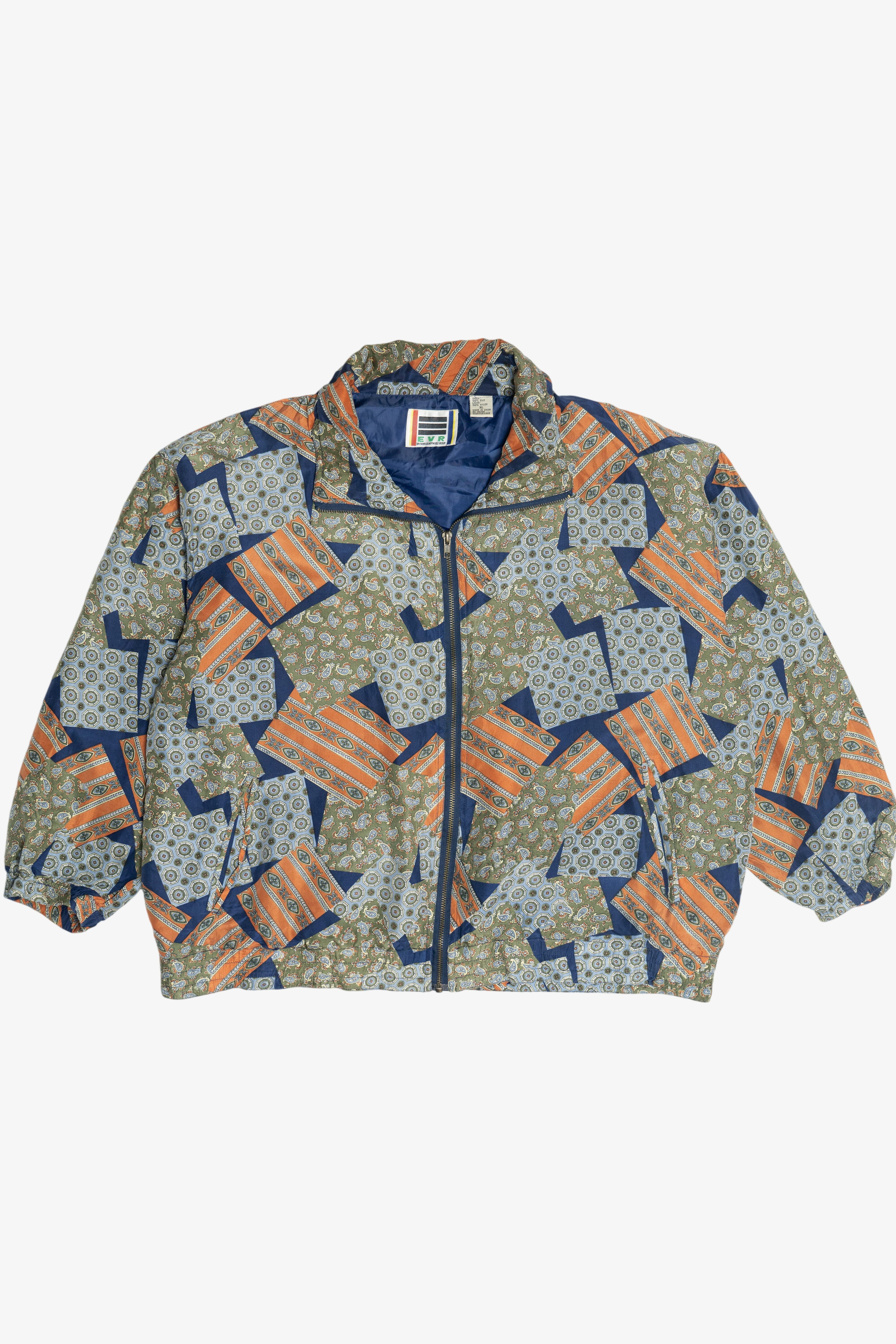 Vintage Silk Navy Blue Patchwork Print Windbreaker Jacket (1980s)