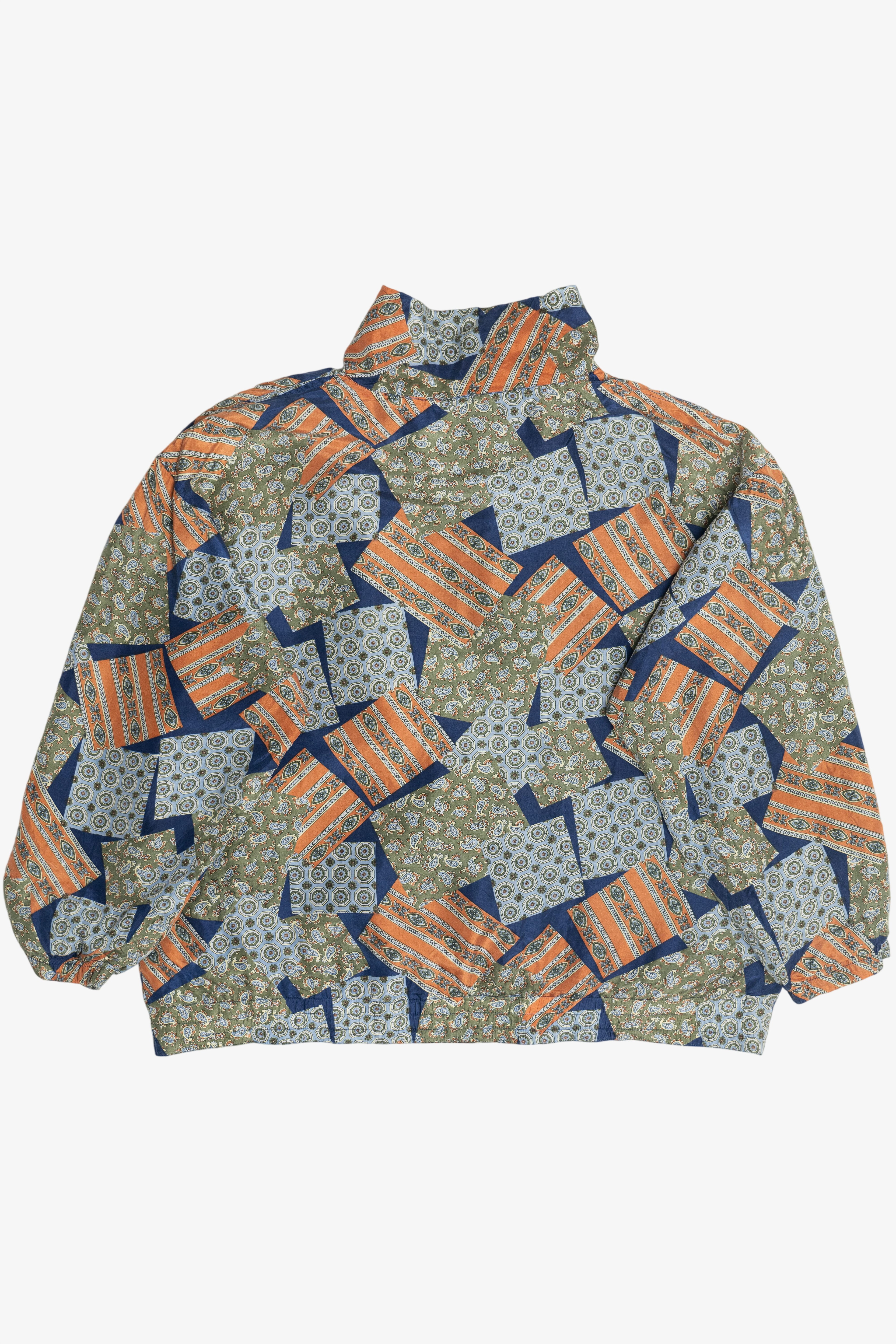 Vintage Silk Navy Blue Patchwork Print Windbreaker Jacket (1980s)