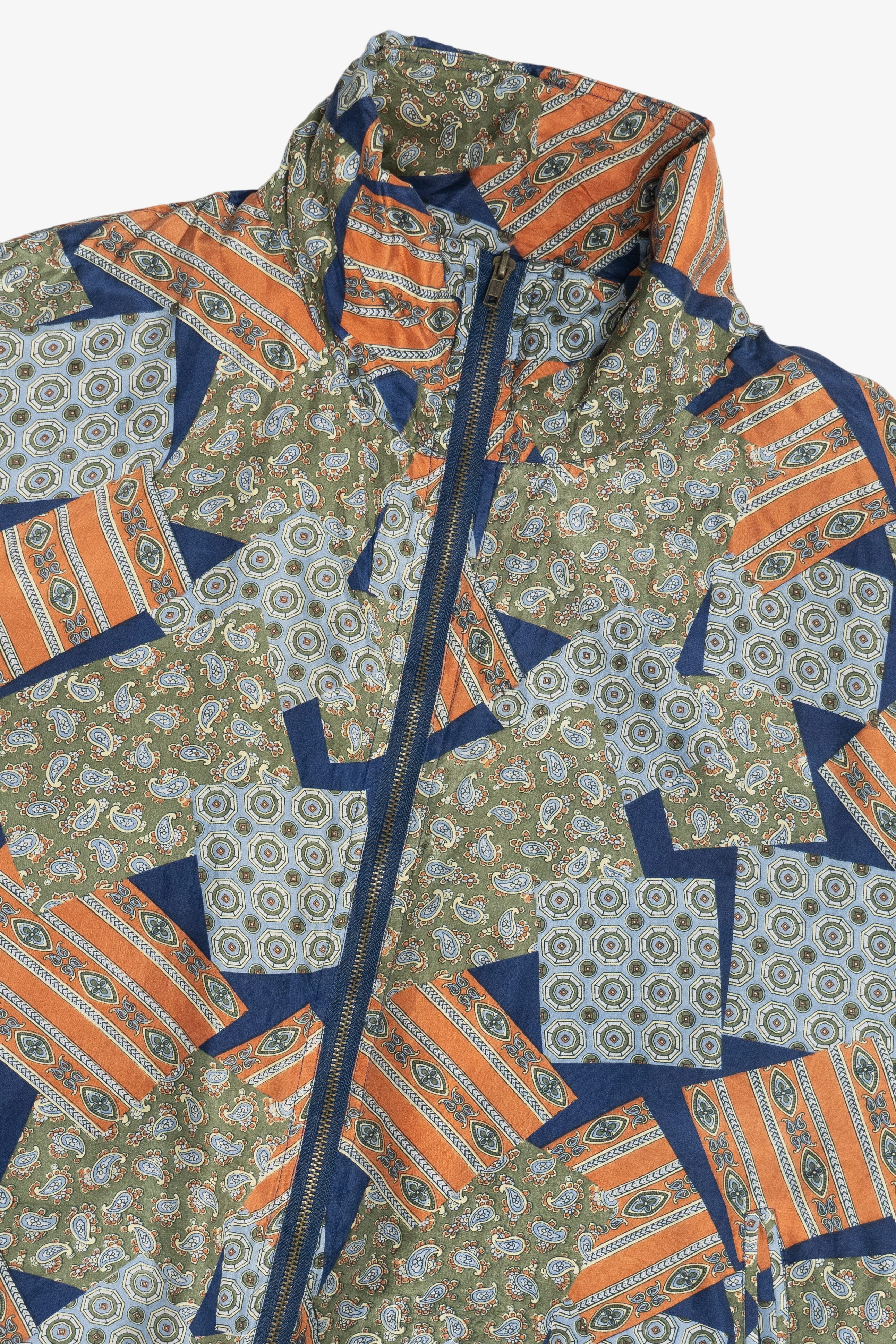 Vintage Silk Navy Blue Patchwork Print Windbreaker Jacket (1980s)