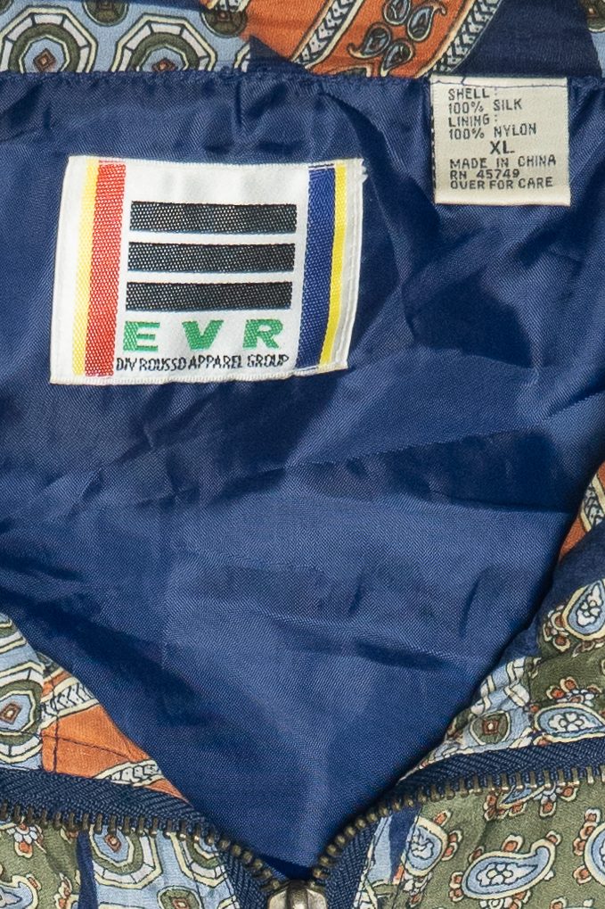 Vintage Silk Navy Blue Patchwork Print Windbreaker Jacket (1980s)