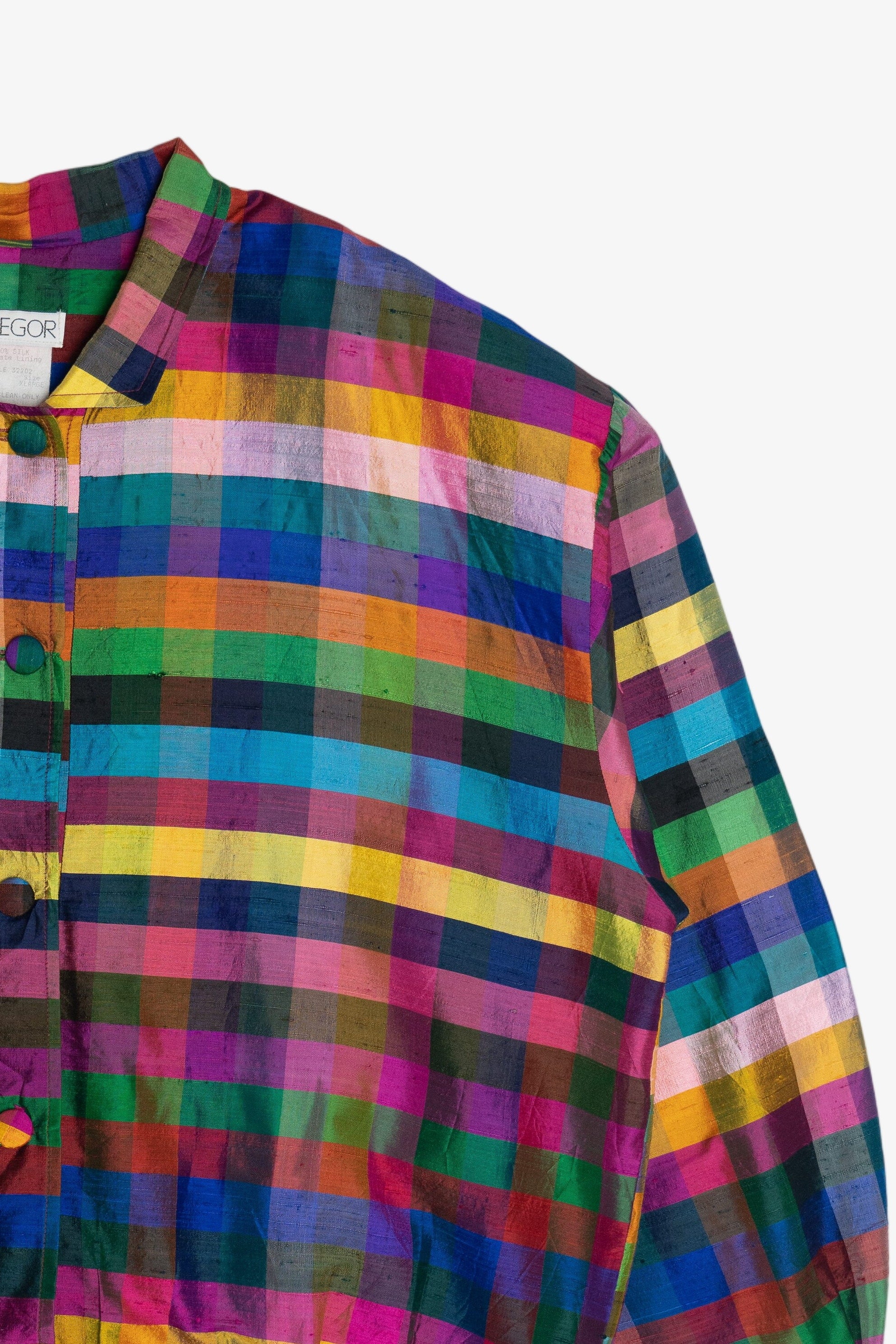 Vintage Bright Plaid Silk Button Up Jacket (1980s)