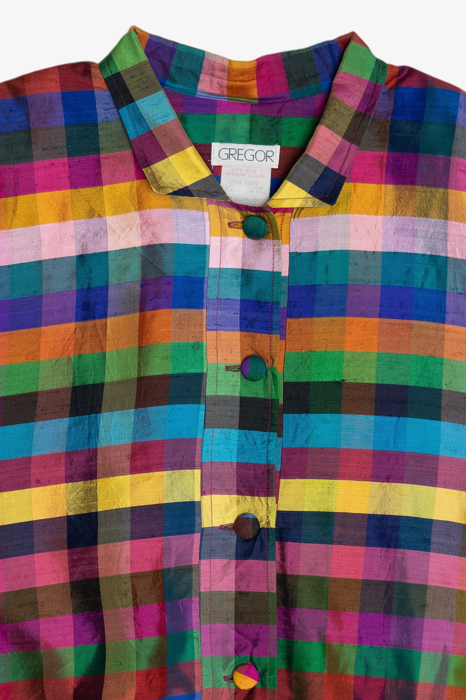 Vintage Bright Plaid Silk Button Up Jacket (1980s)