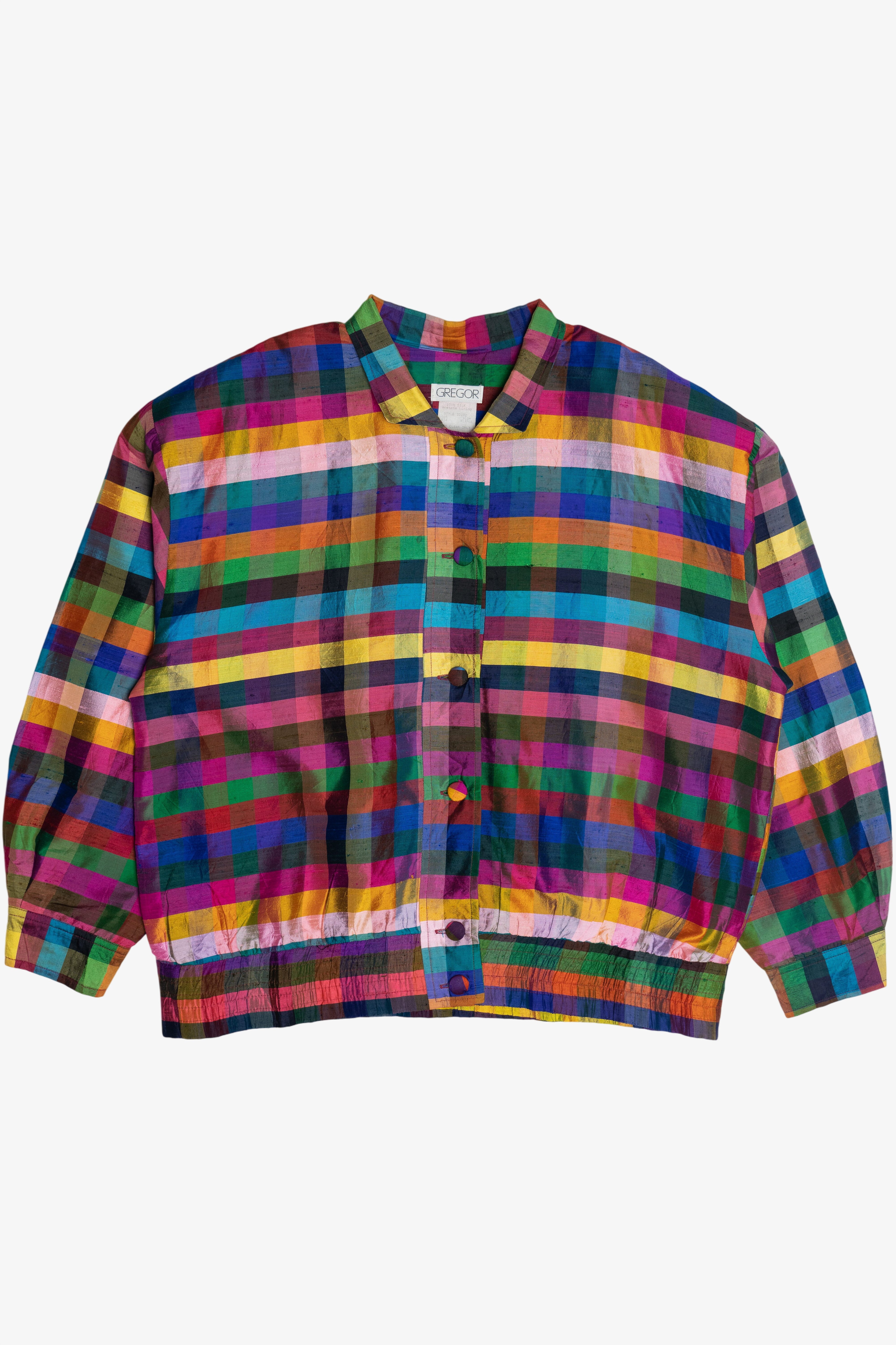 Vintage Bright Plaid Silk Button Up Jacket (1980s)