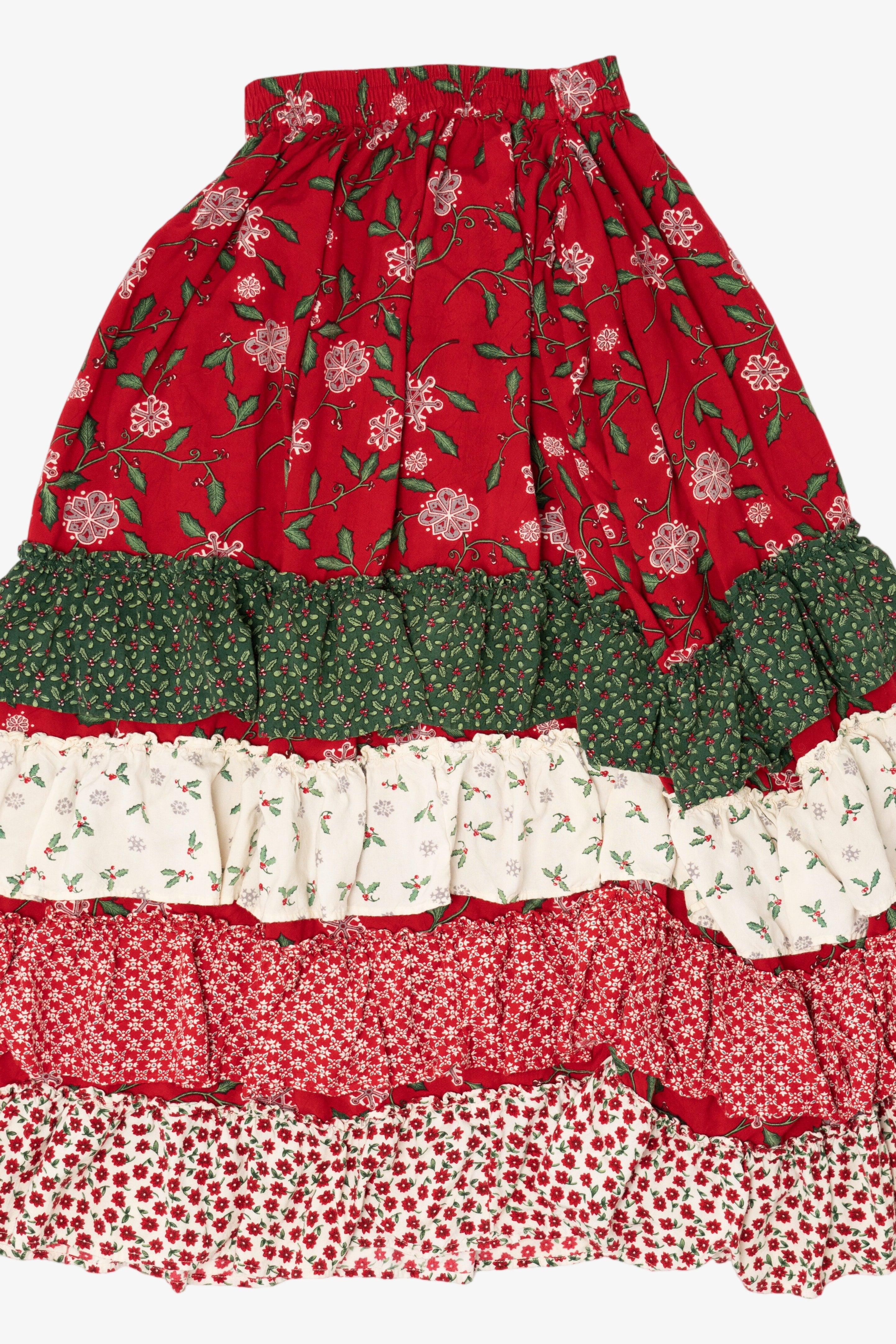 Vintage Patchwork Holiday Tiered Maxi Skirt (1990s)