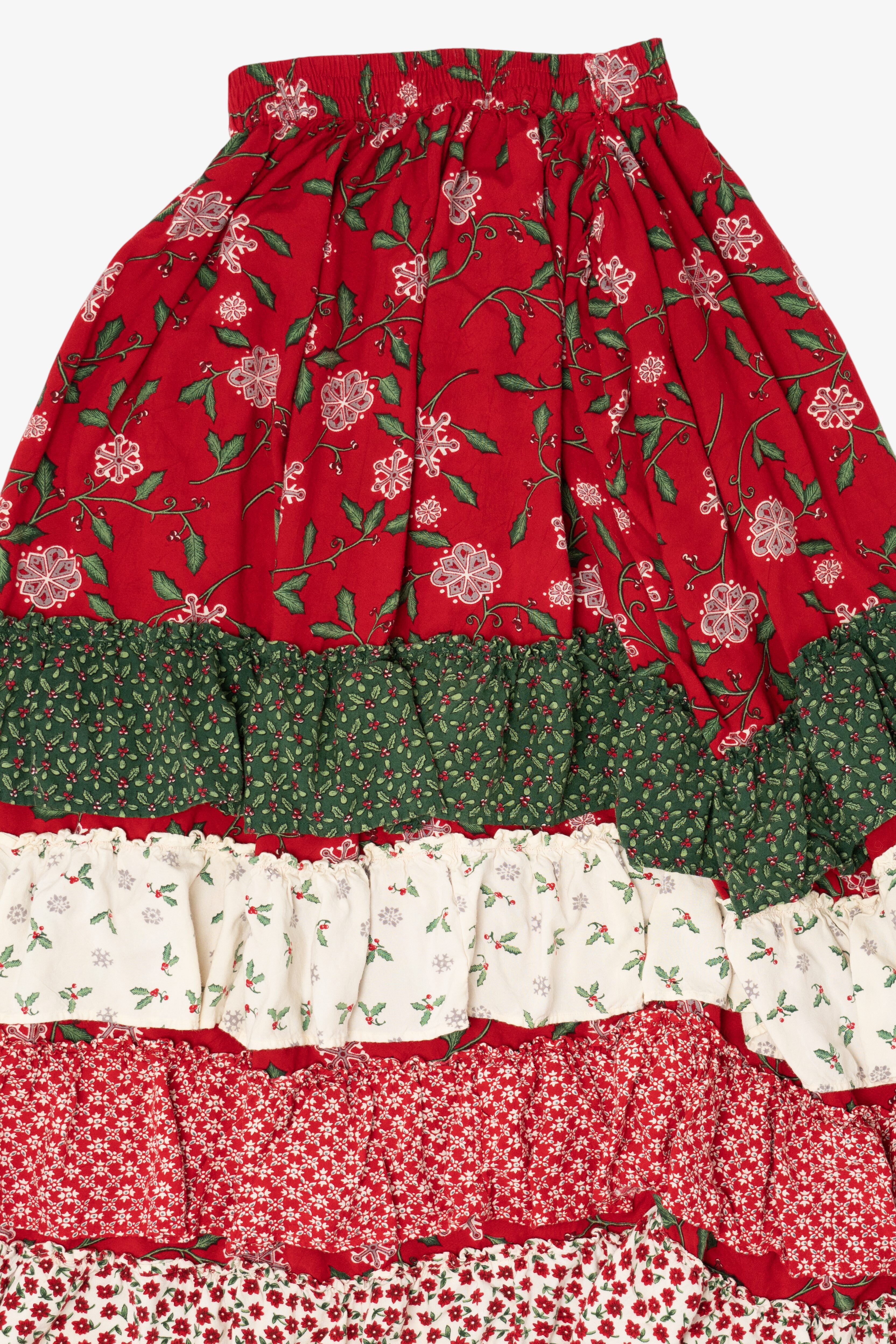Vintage Patchwork Holiday Tiered Maxi Skirt (1990s)
