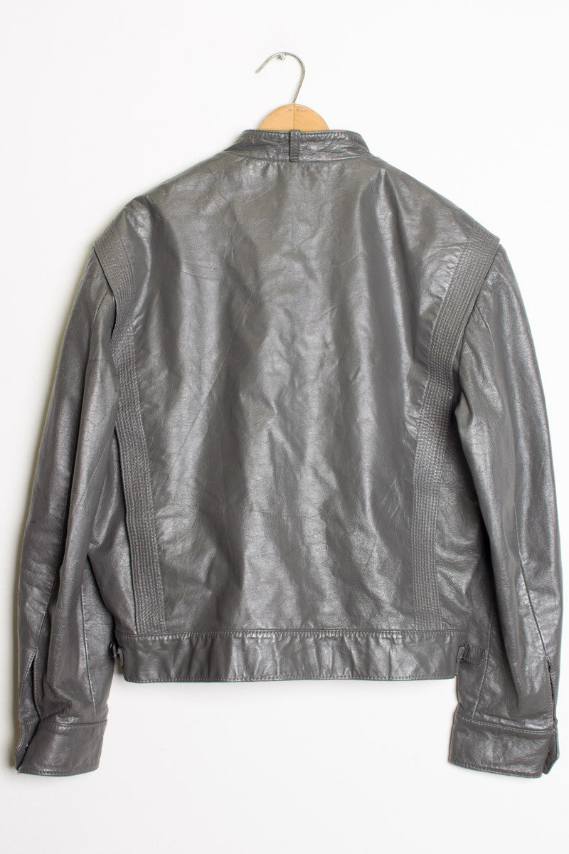 Grey Leather Bomber Jacket