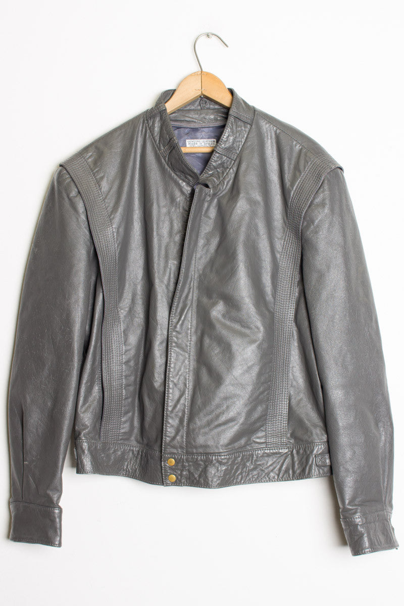 Grey Leather Bomber Jacket