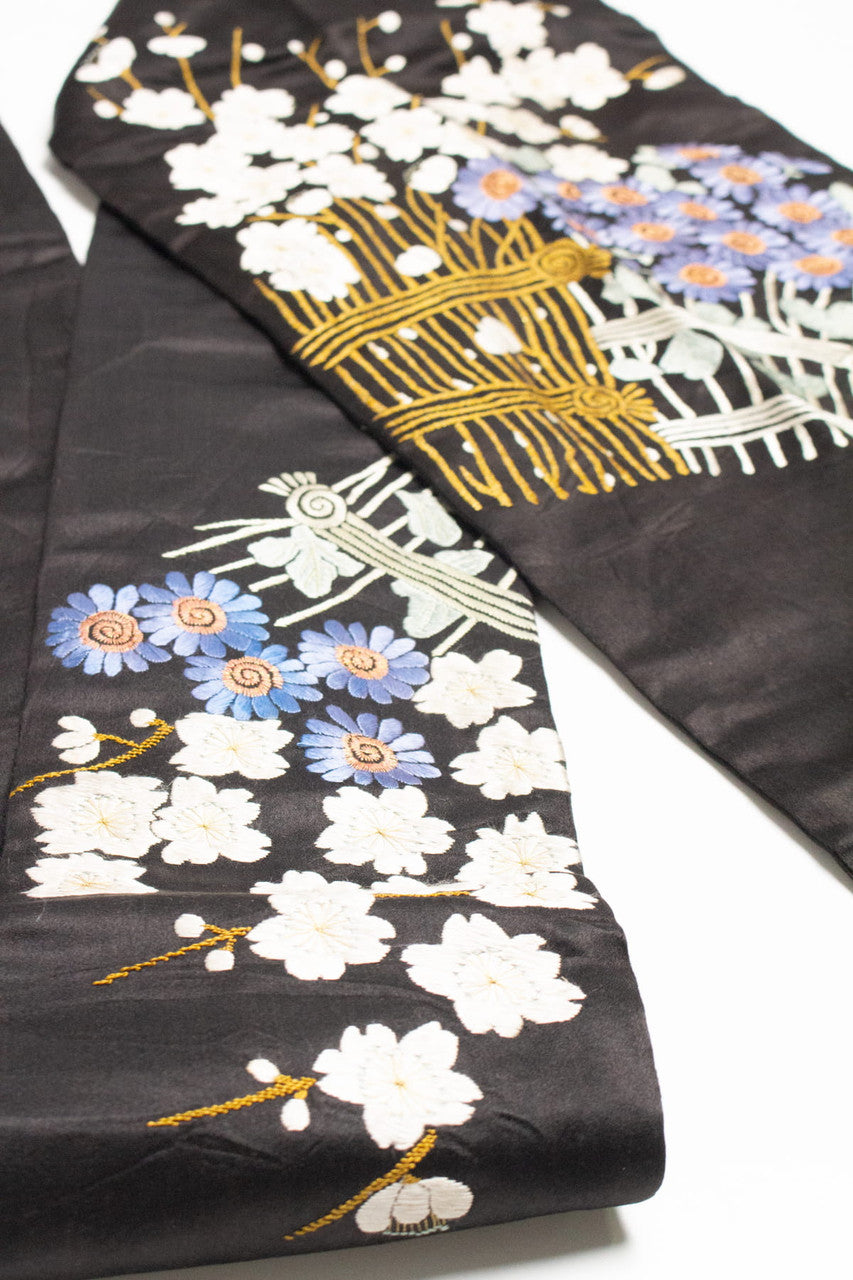 Vintage Embroidered Flower Garden Nagoya Obi