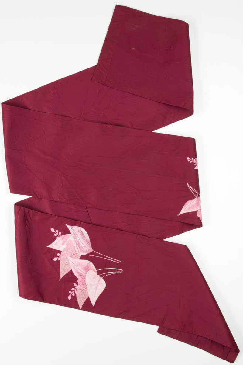 Vintage Burgundy Leaf Embroidered Fukuro Obi 37