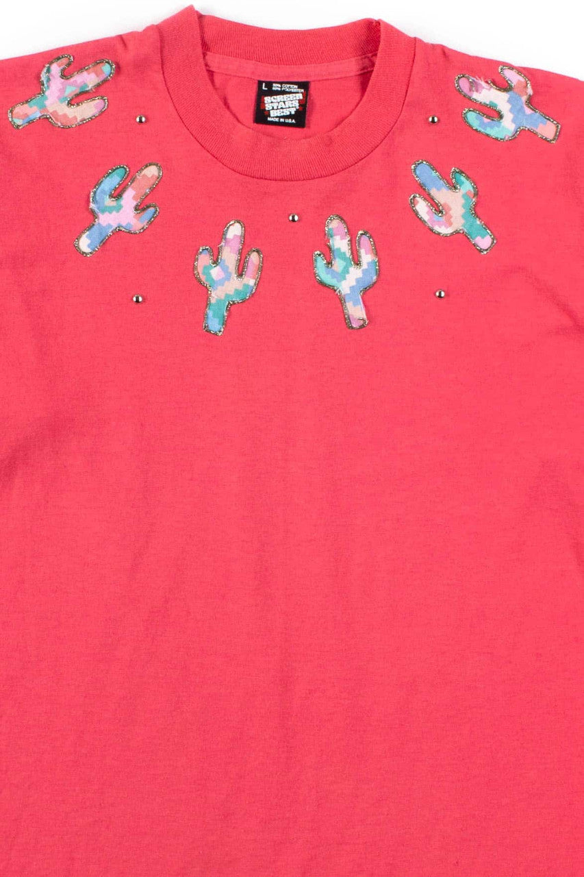 Pink Cactus Applique T-Shirt (Single Stitch)