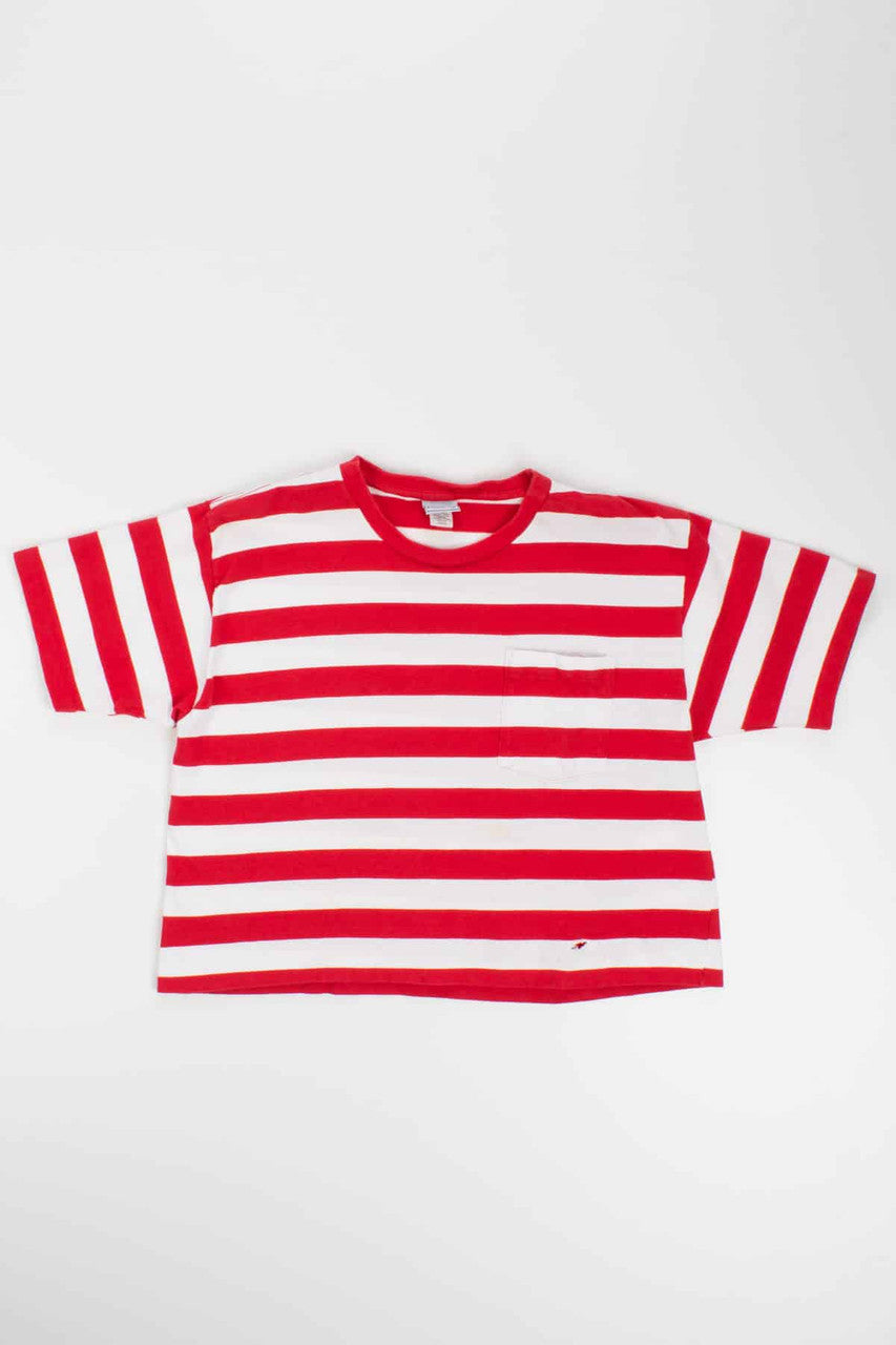 Red Striped Cropped Pocket Tee