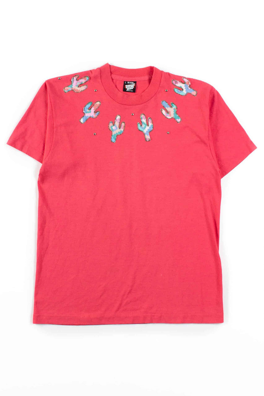 Pink Cactus Applique T-Shirt (Single Stitch)