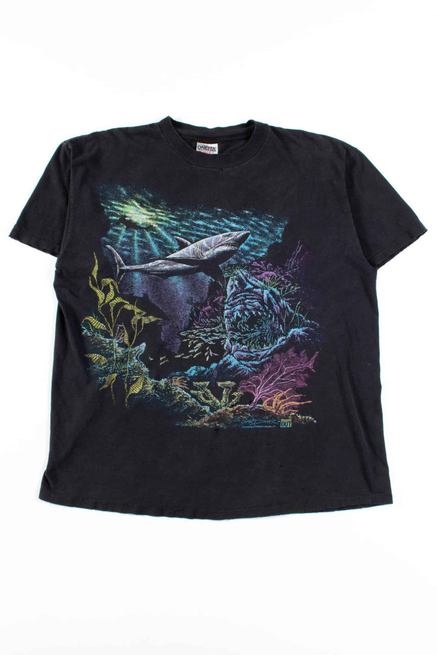 Distressed Neon Shark T-Shirt (Single Stitch)
