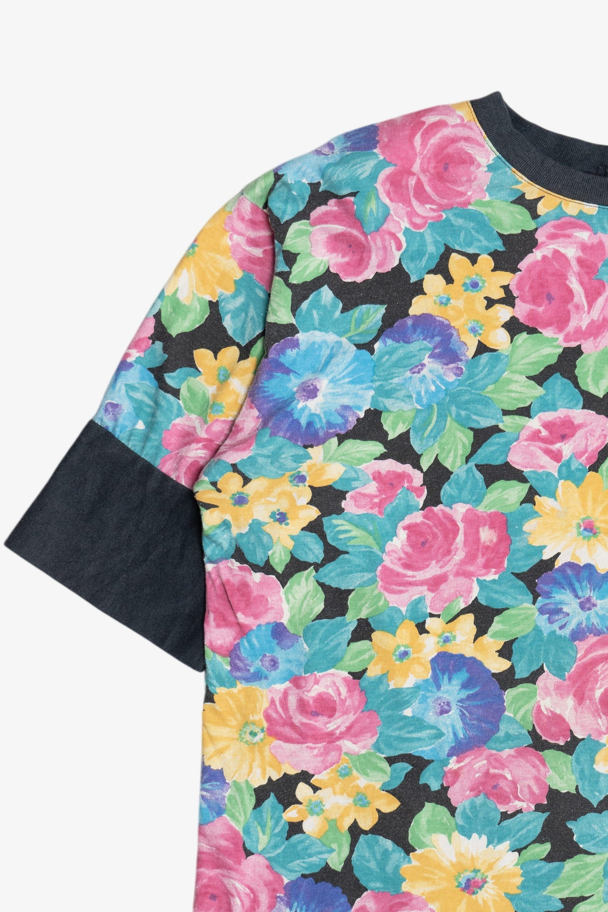 Vintage Printed Floral Cuff Sleeve Ringer T-Shirt (1980s)