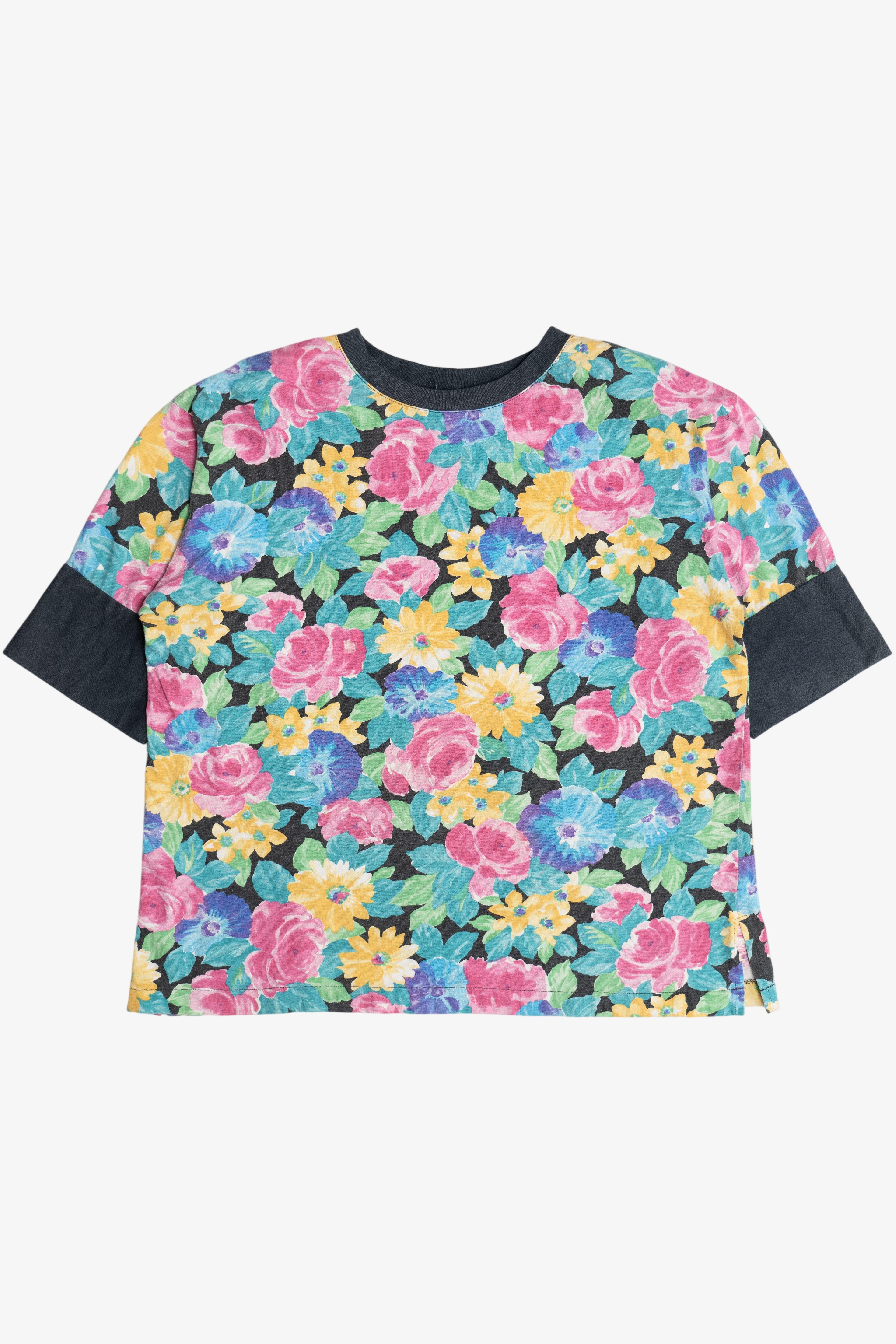 Vintage Printed Floral Cuff Sleeve Ringer T-Shirt (1980s)