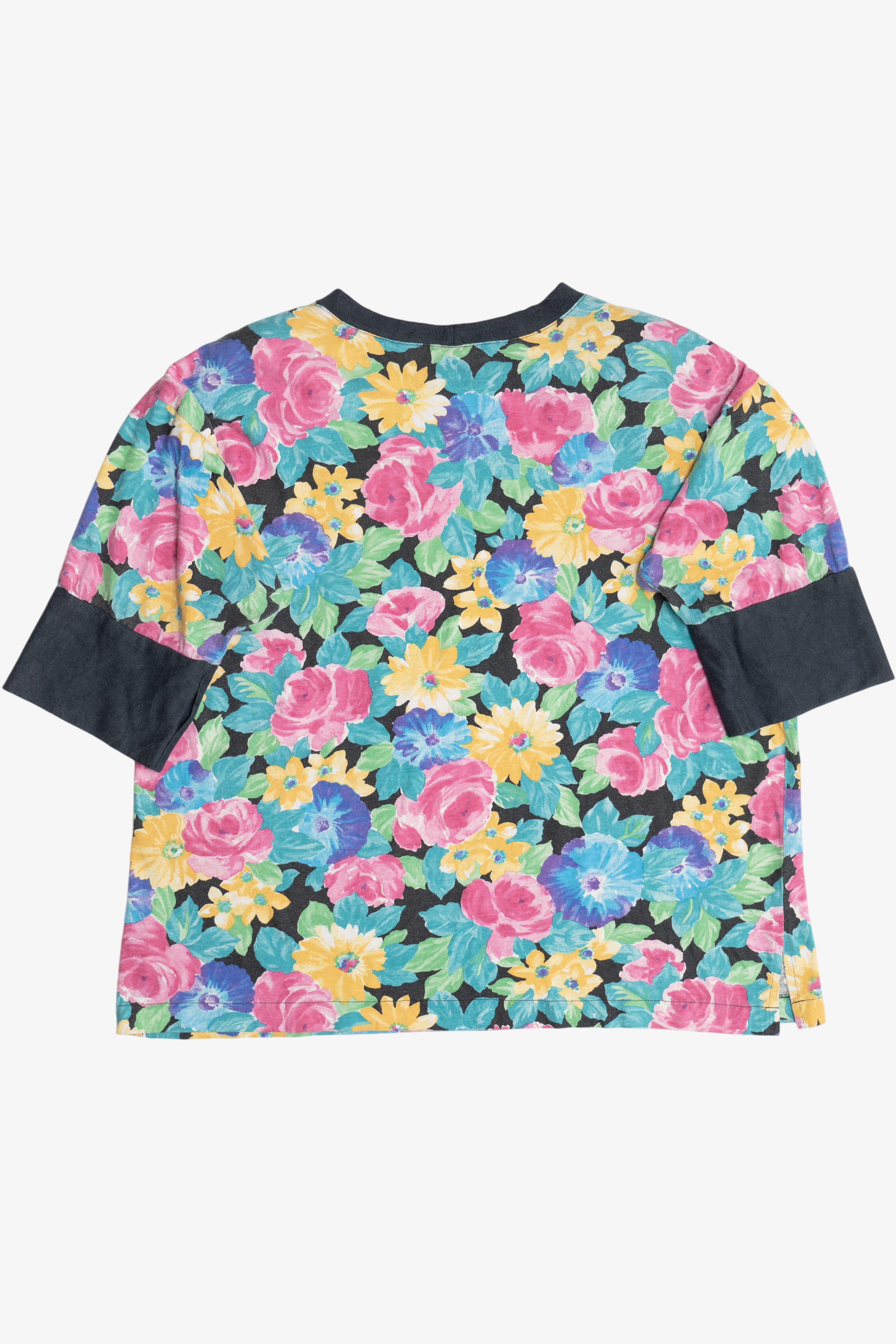 Vintage Printed Floral Cuff Sleeve Ringer T-Shirt (1980s)