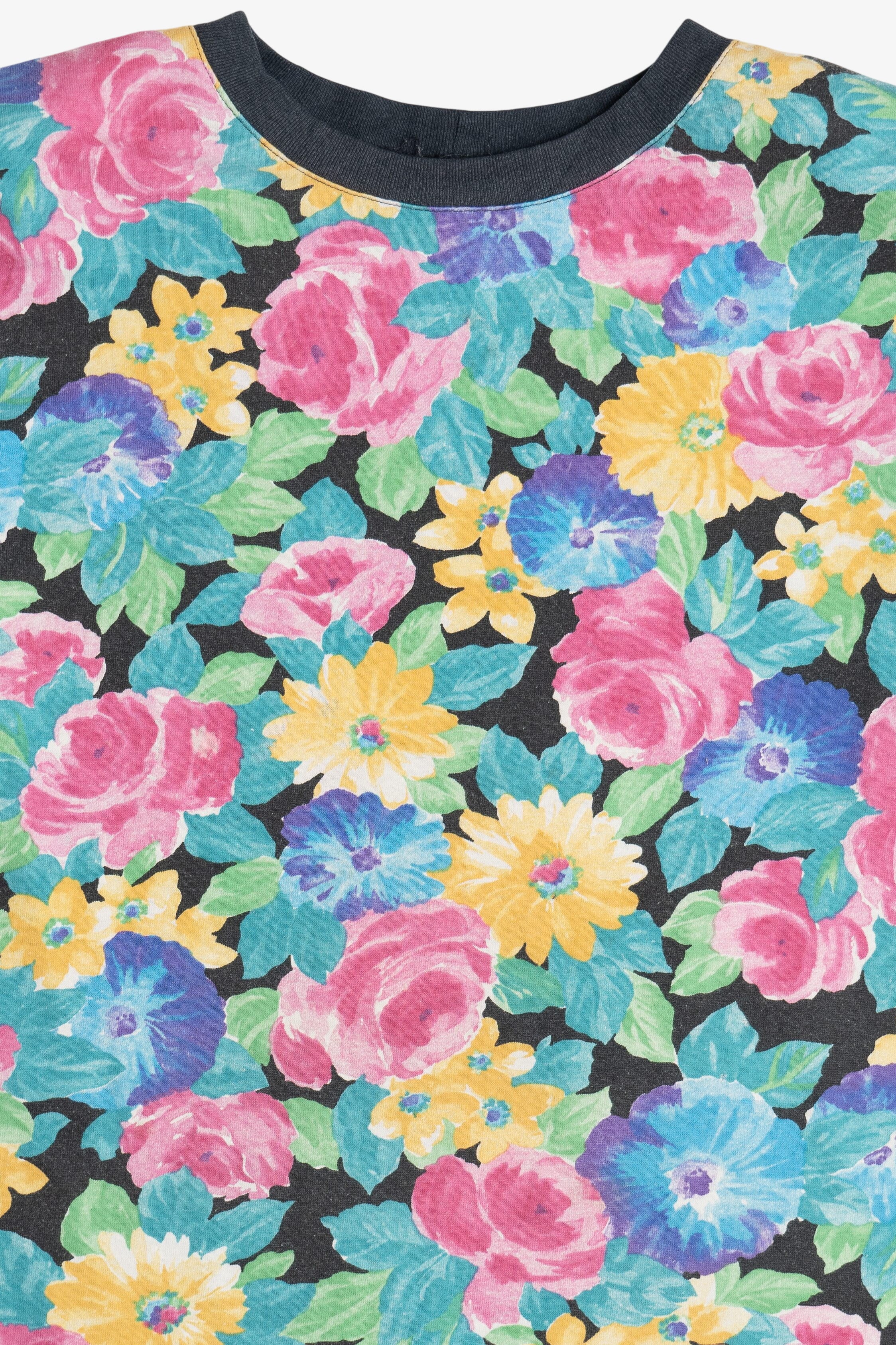 Vintage Printed Floral Cuff Sleeve Ringer T-Shirt (1980s)