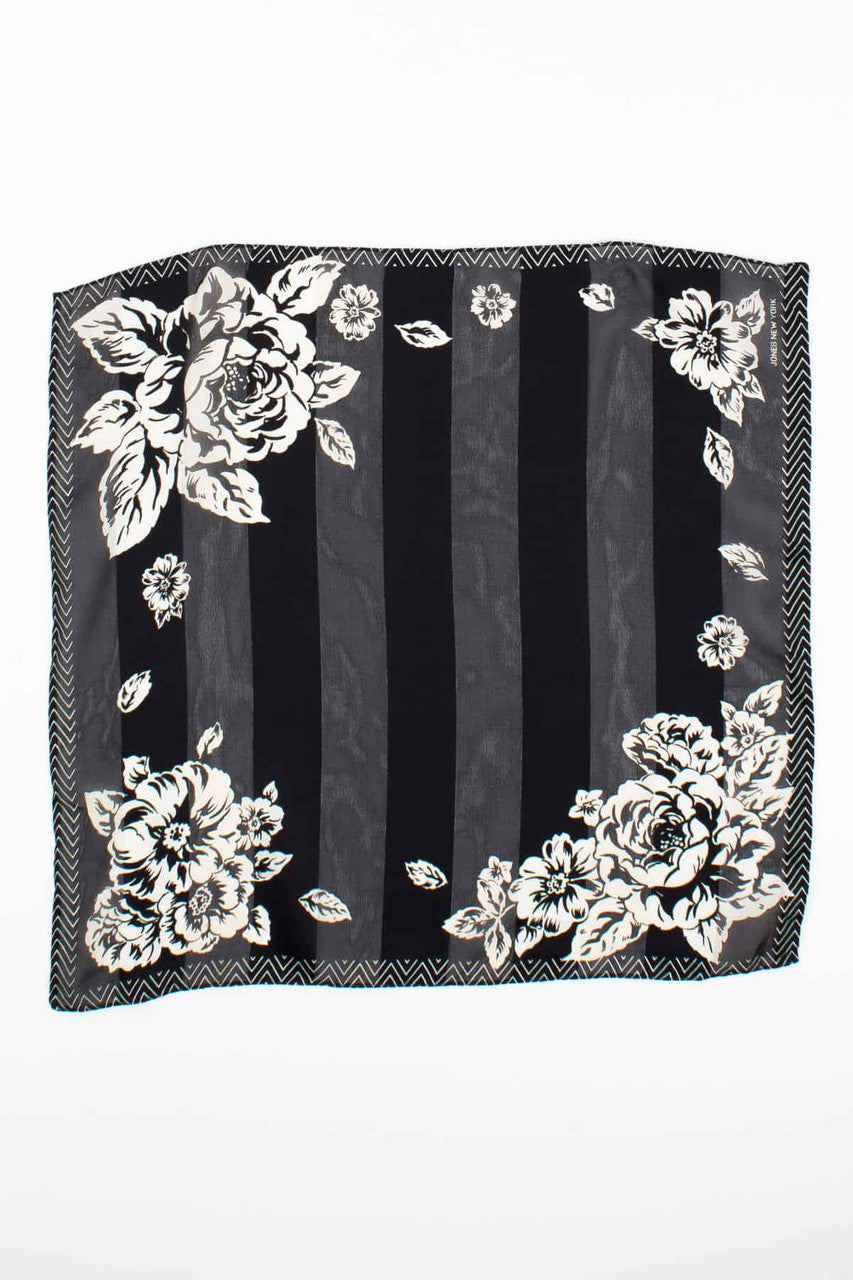 Black & Cream Floral Printed Stripe Scarf