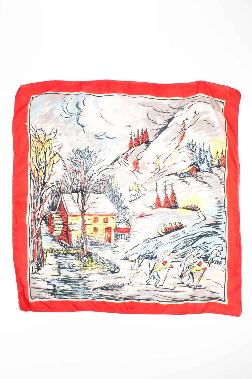 Skiing Scene Vintage Silk Scarf