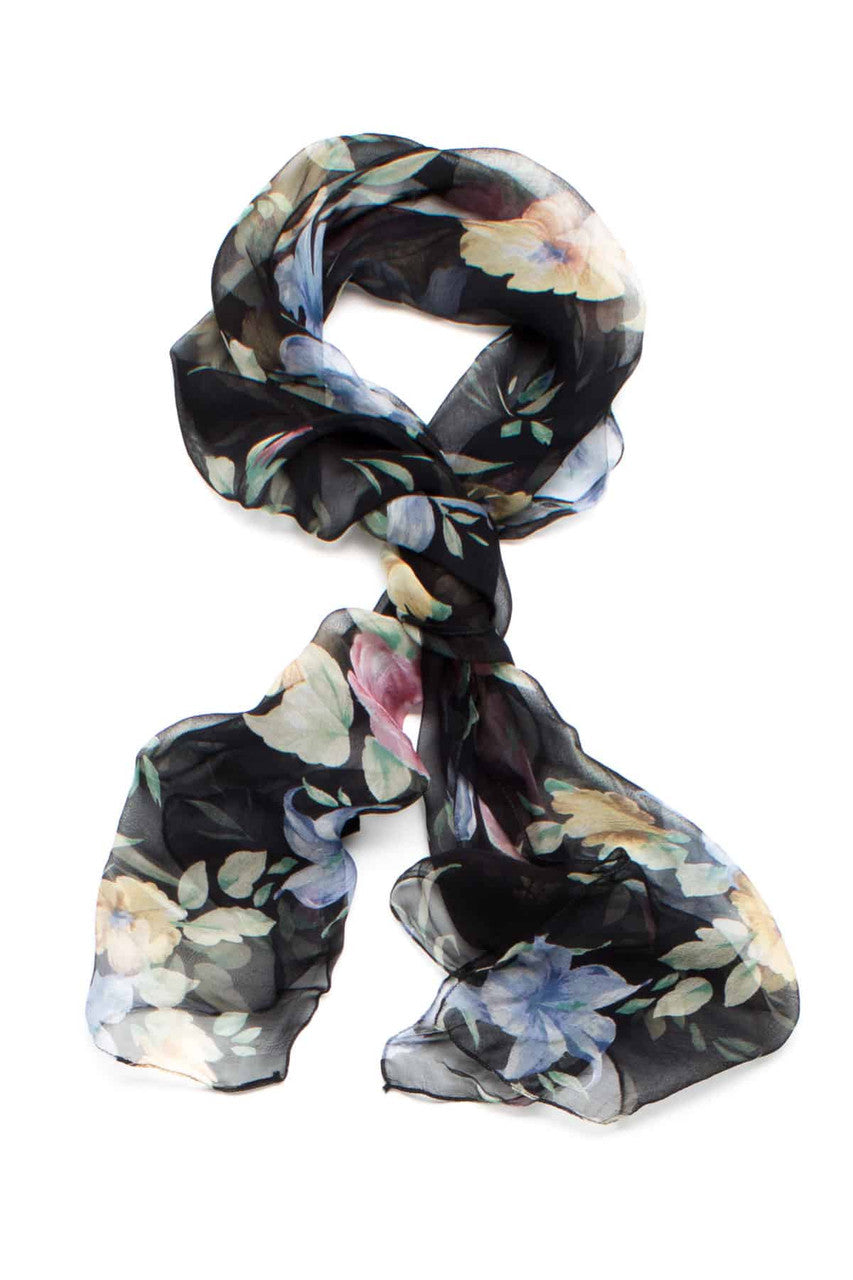 Dark Floral Printed Sheer Chiffon Scarf