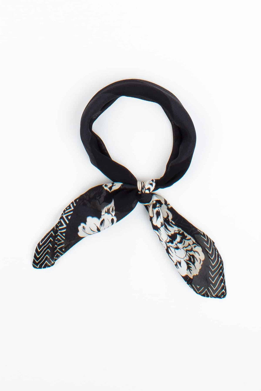Black & Cream Floral Printed Stripe Scarf