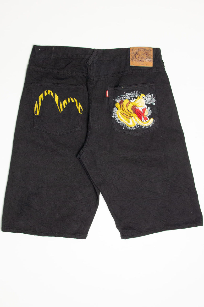Tiger Embroidered Evisu Genes Godhead Patch Denim Shorts (sz. 38