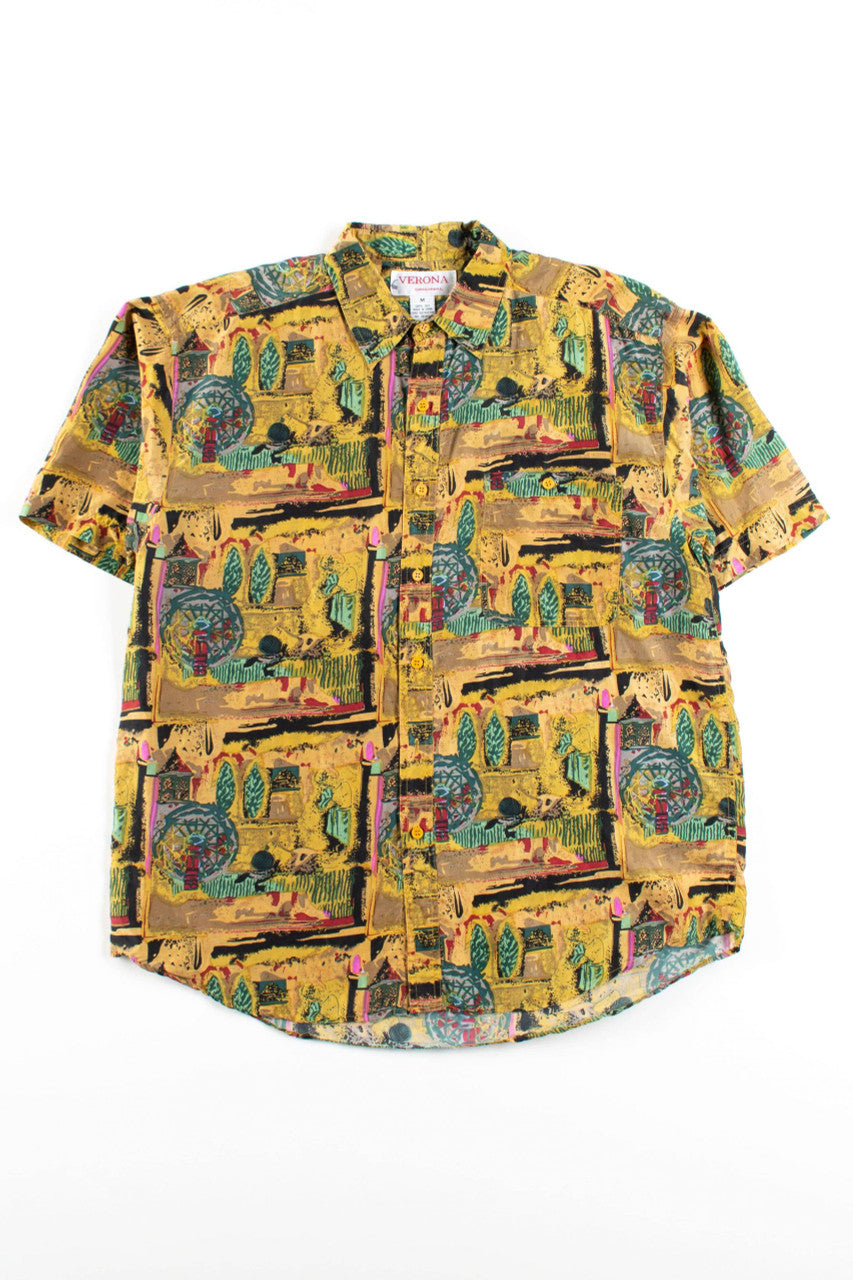 Vintage Golden Abstract Still Life Silk Shirt