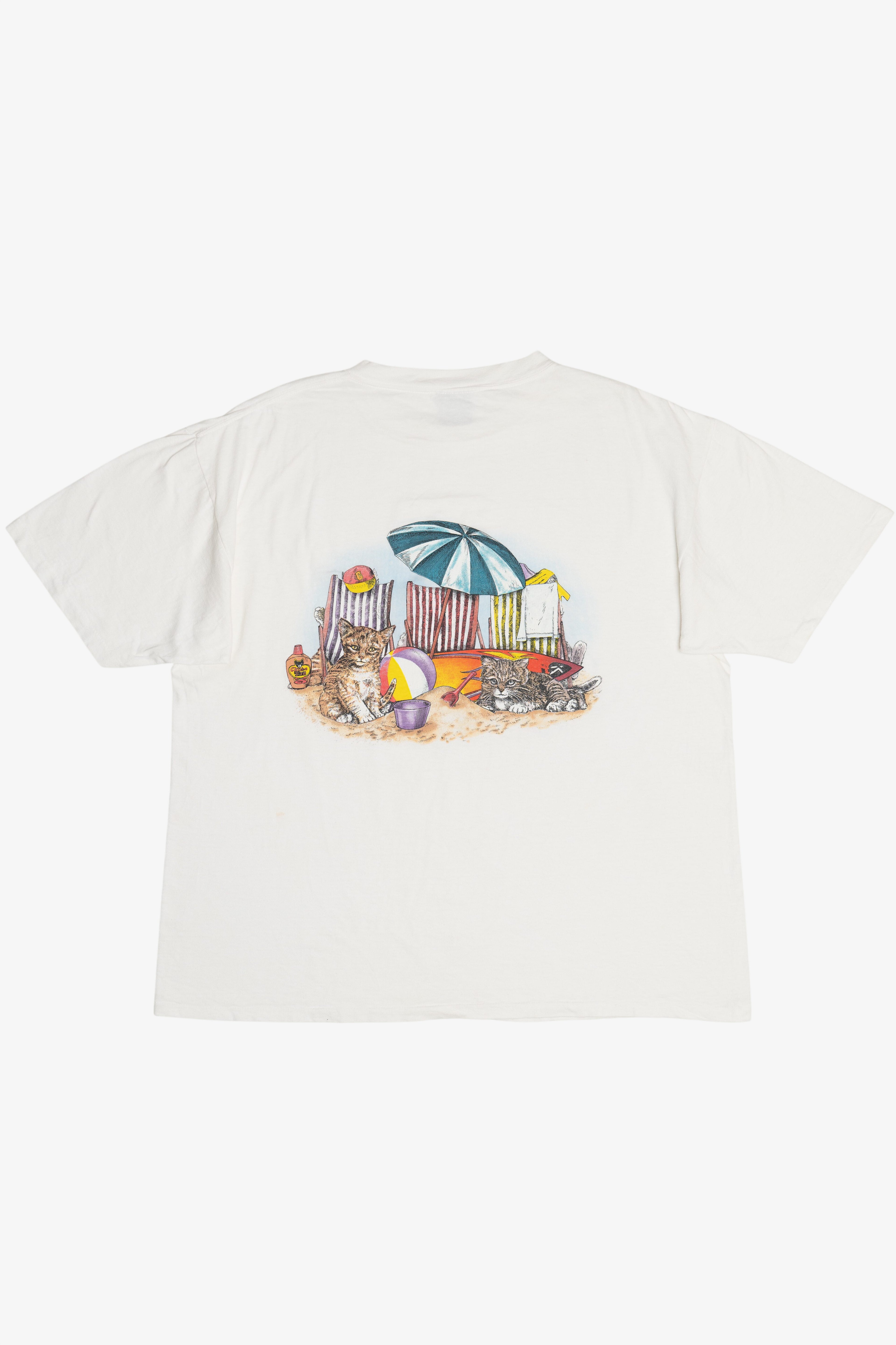 Vintage Cats & Kittens On The Beach Front/Back Print Single Stitch T-Shirt (1990s)