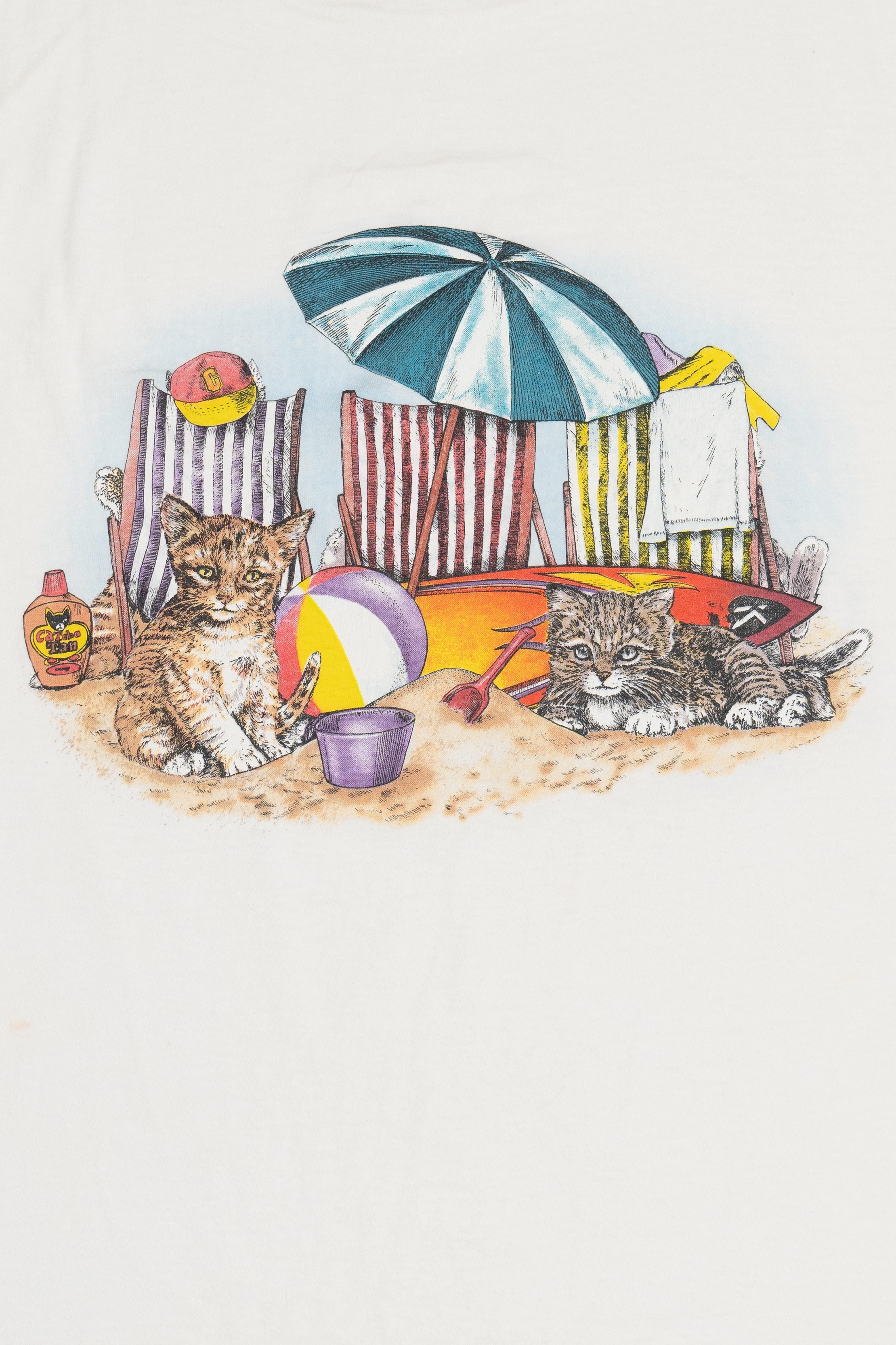 Vintage Cats & Kittens On The Beach Front/Back Print Single Stitch T-Shirt (1990s)