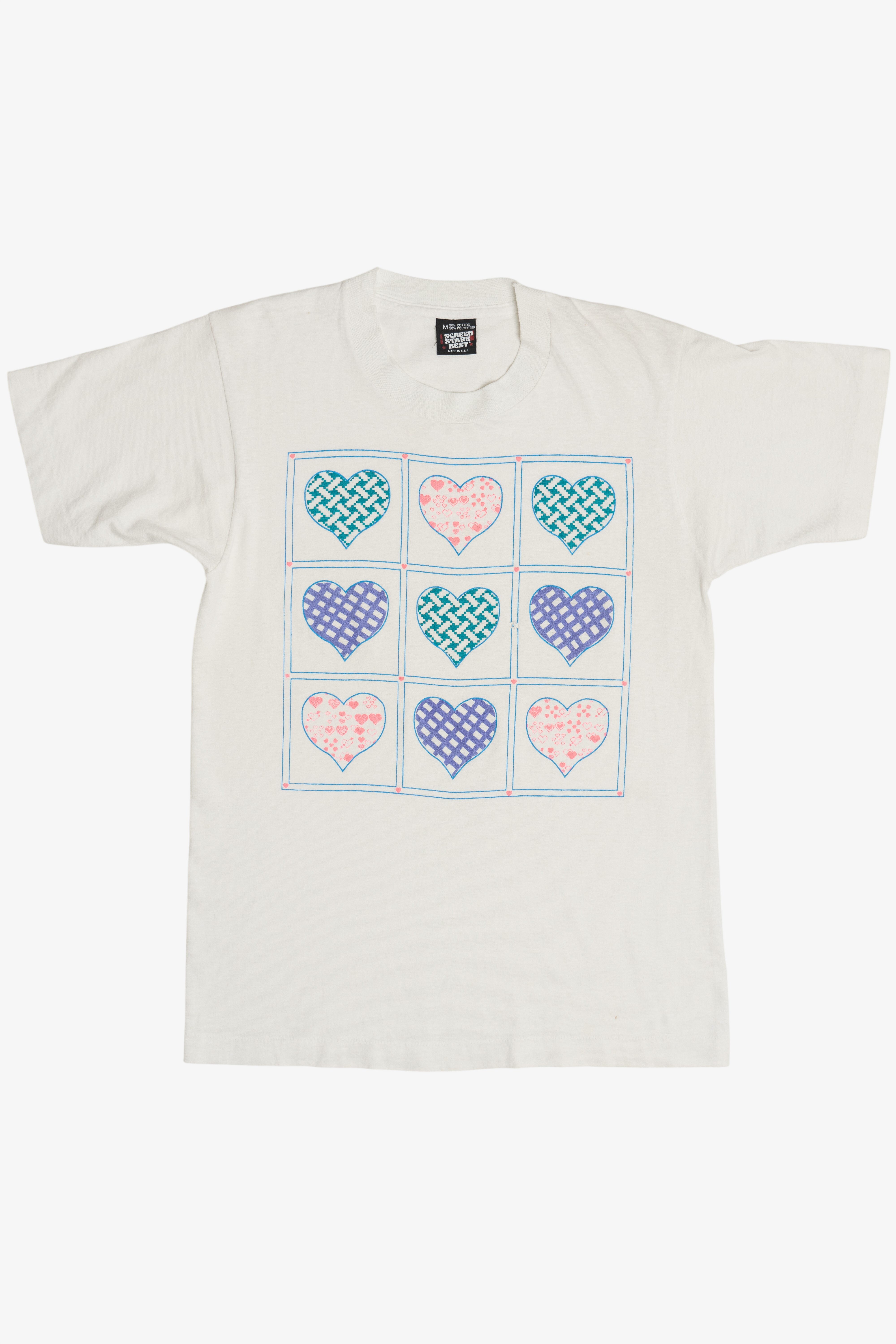 Vintage Neon Hearts Embossed Print Single Stitch T-Shirt (1990s)