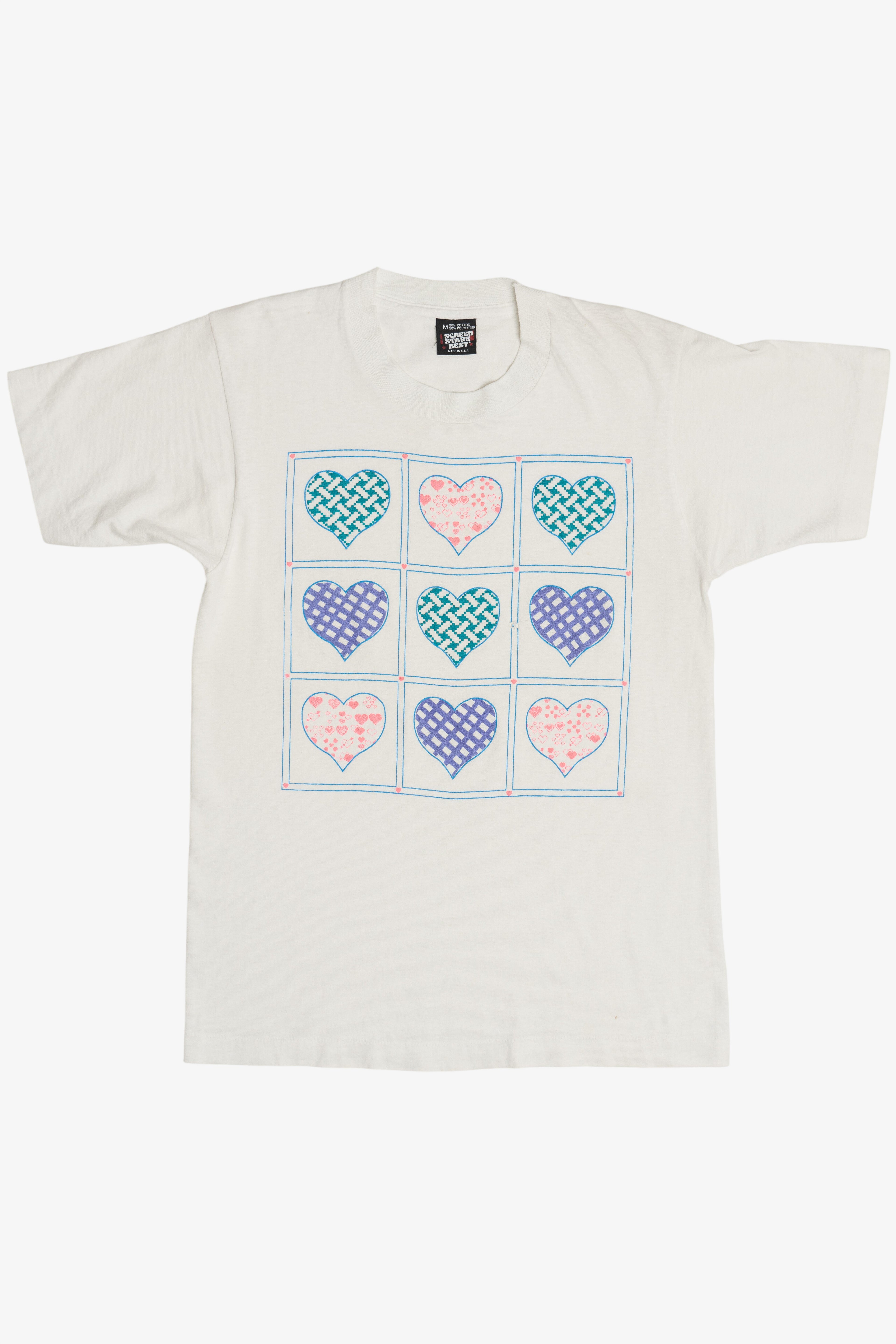 Vintage Neon Hearts Embossed Print Single Stitch T-Shirt (1990s)