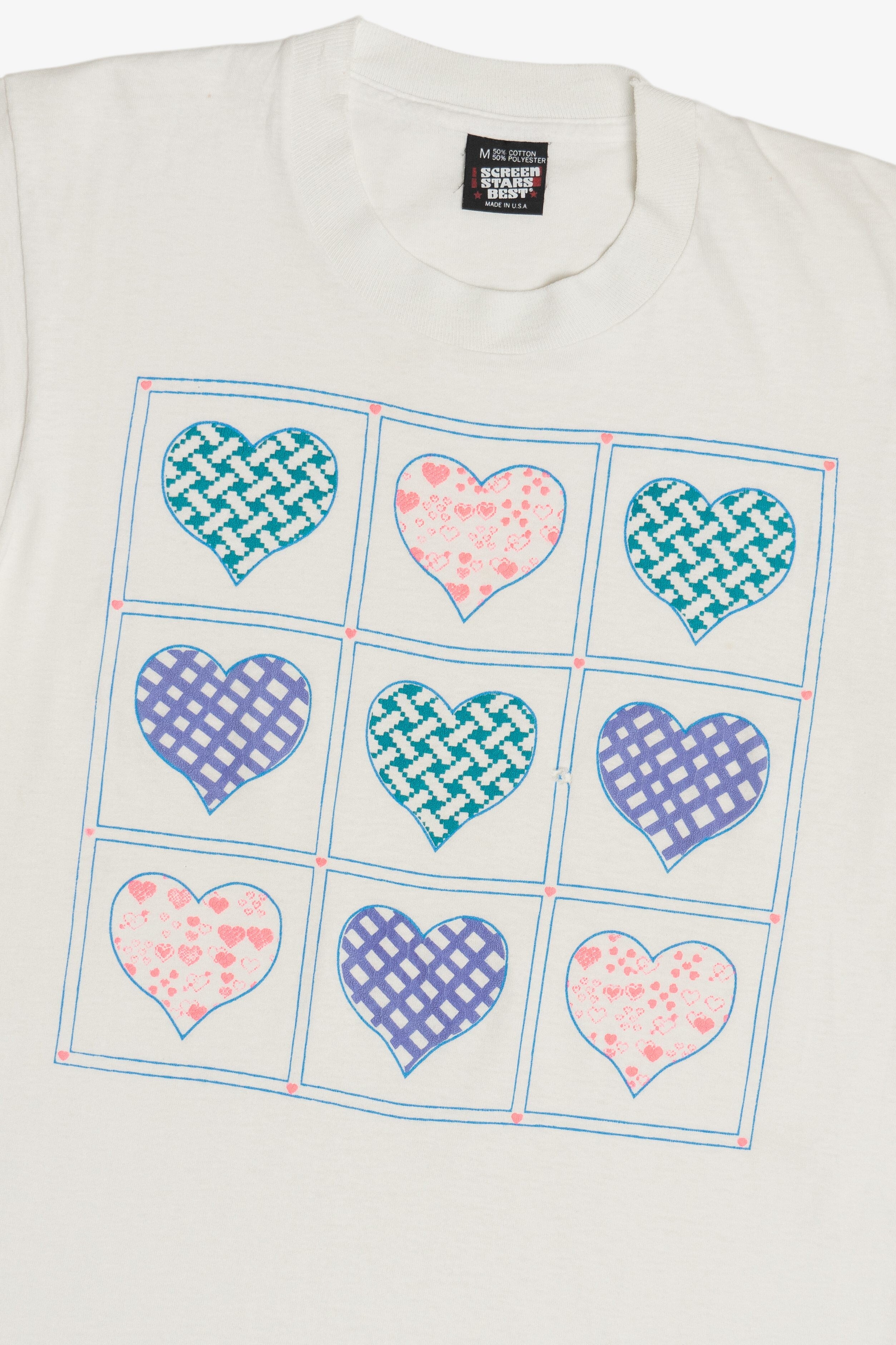 Vintage Neon Hearts Embossed Print Single Stitch T-Shirt (1990s)