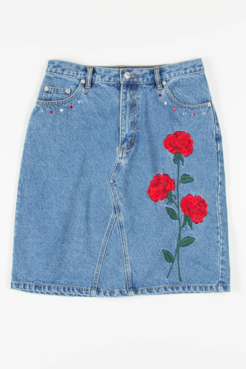 Embroidered Roses Pencil Denim Skirt (sz. 10)