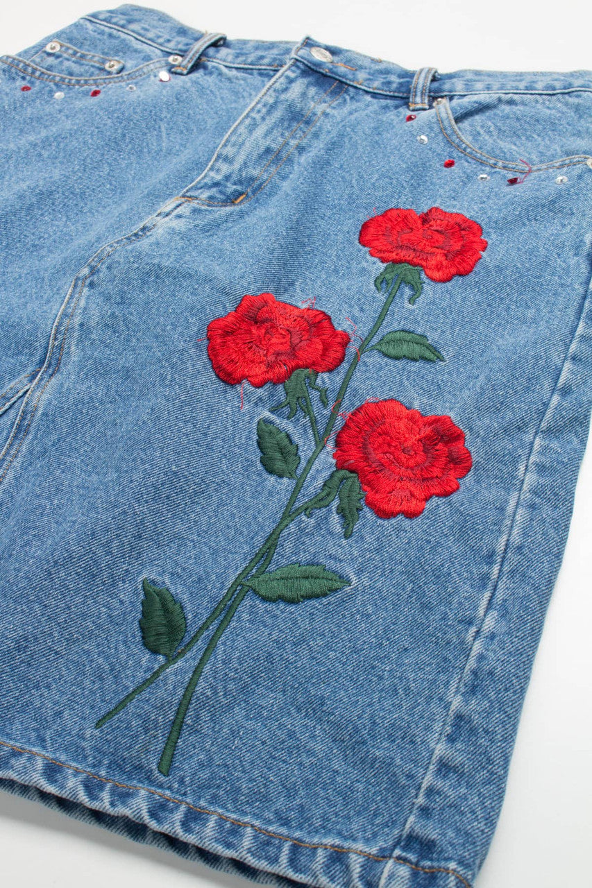 Embroidered Roses Pencil Denim Skirt (sz. 10)