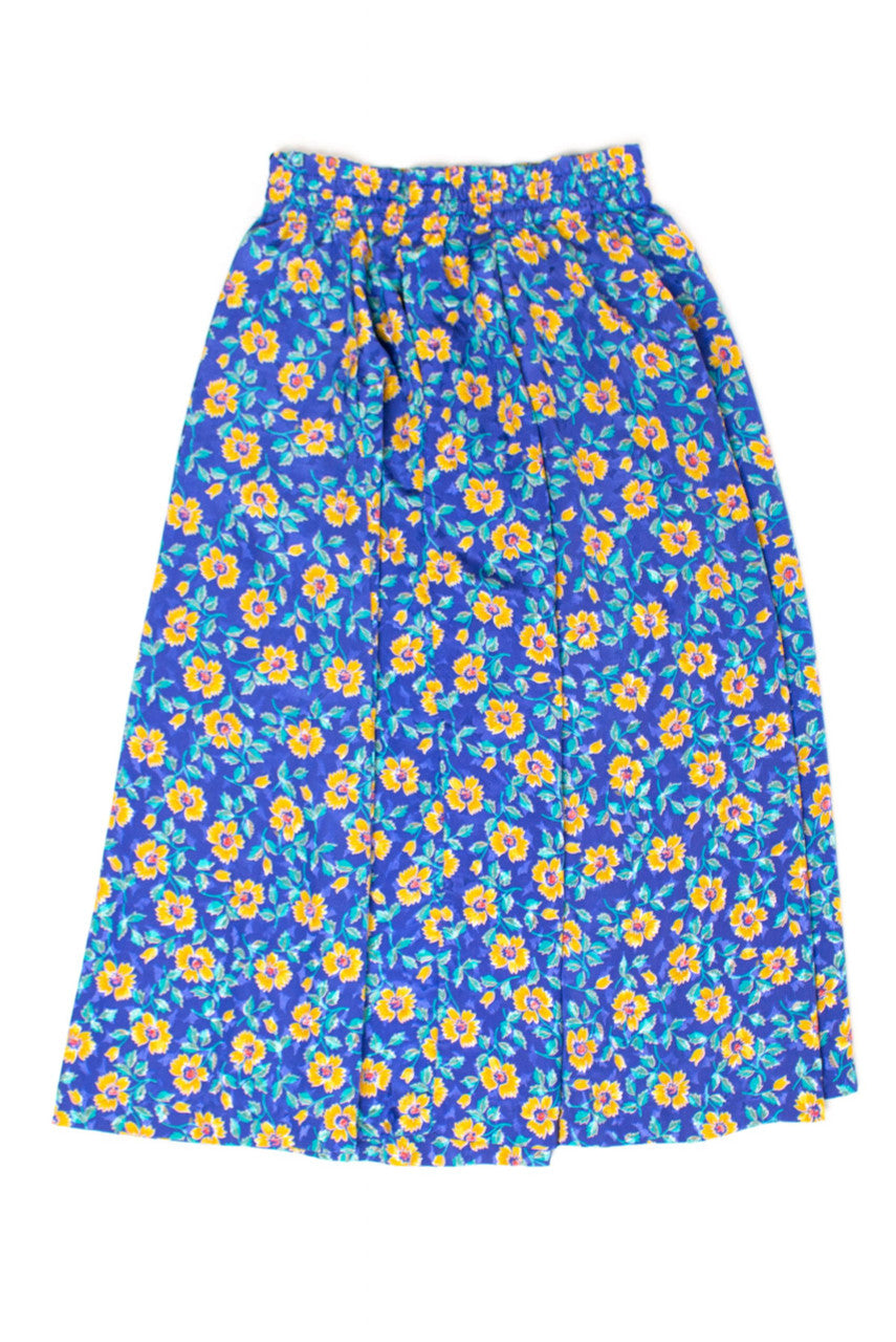 Vintage Blue & Yellow Floral Midi Skirt
