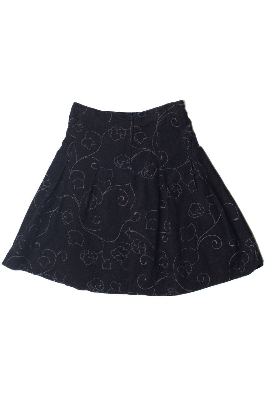 Embroidered Floral Pleated Corduroy Skirt