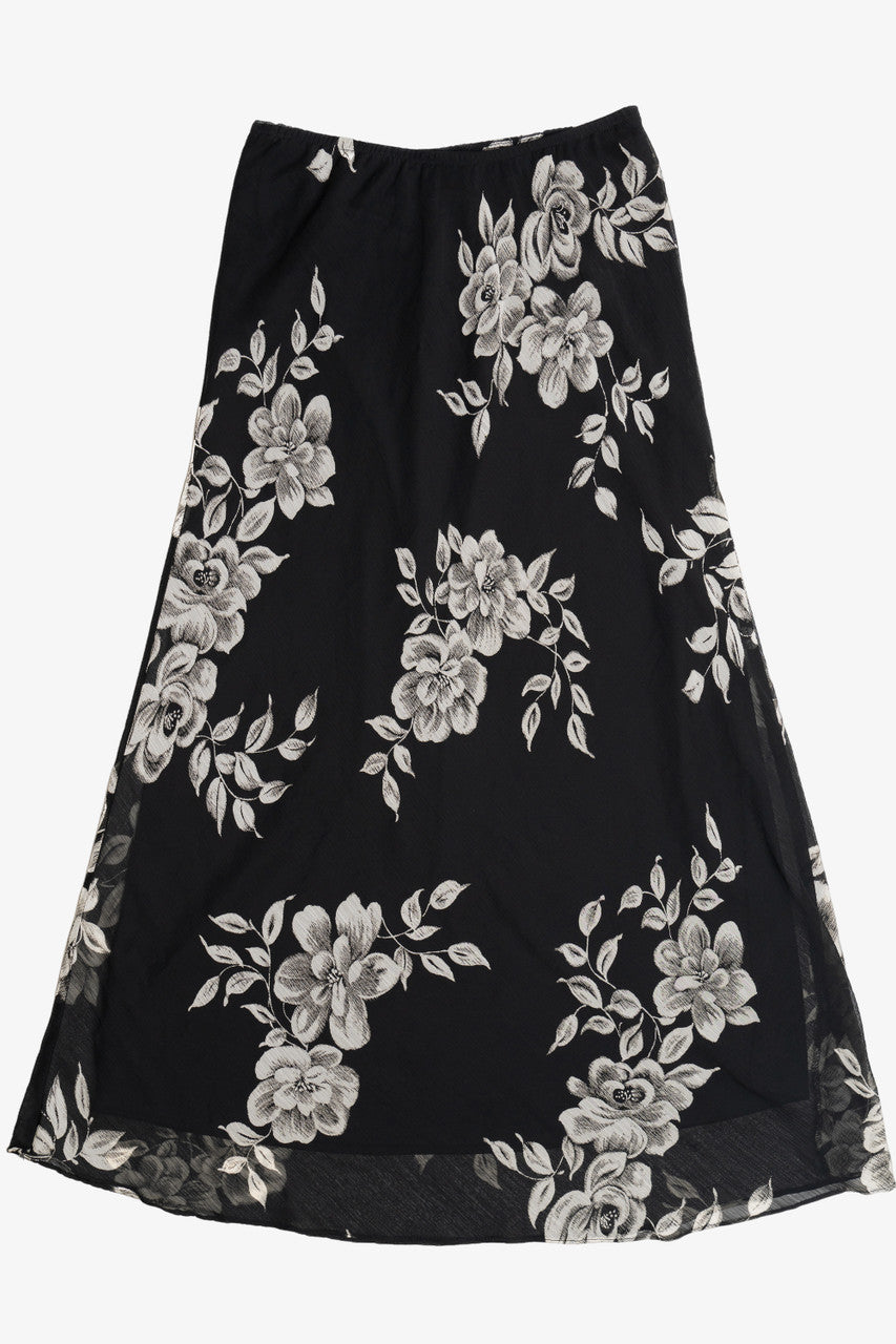 Vintage Floral Sheer Panel Lined Elastic Waist Maxi Skirt (1990s)